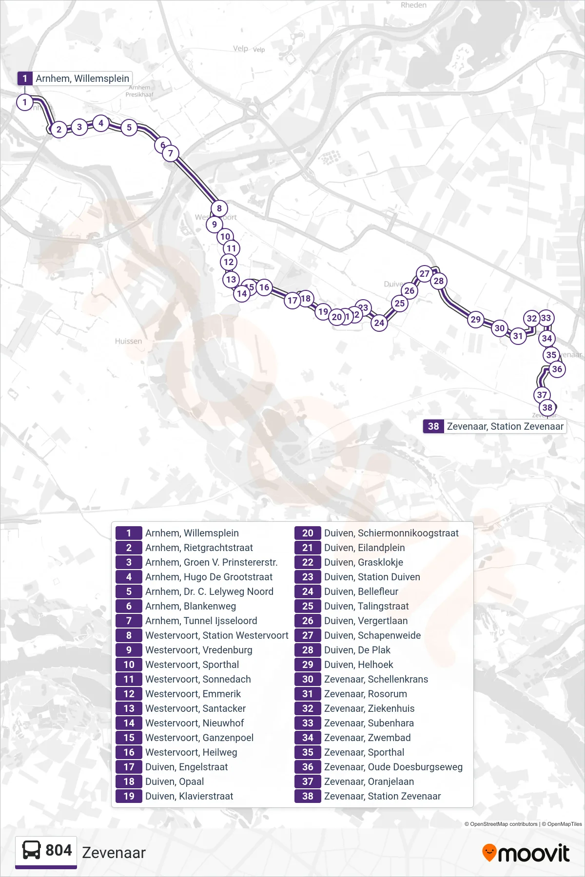 Lijn 804 (bus, Zevenaar): route en haltes op de kaart