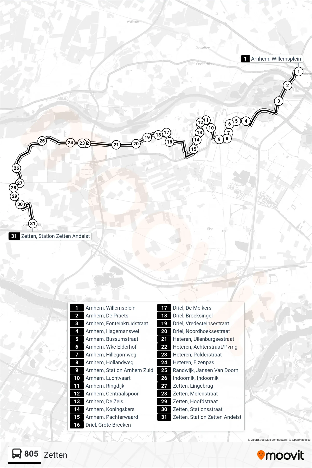 Lijn 805 (bus, Zetten): route en haltes op de kaart