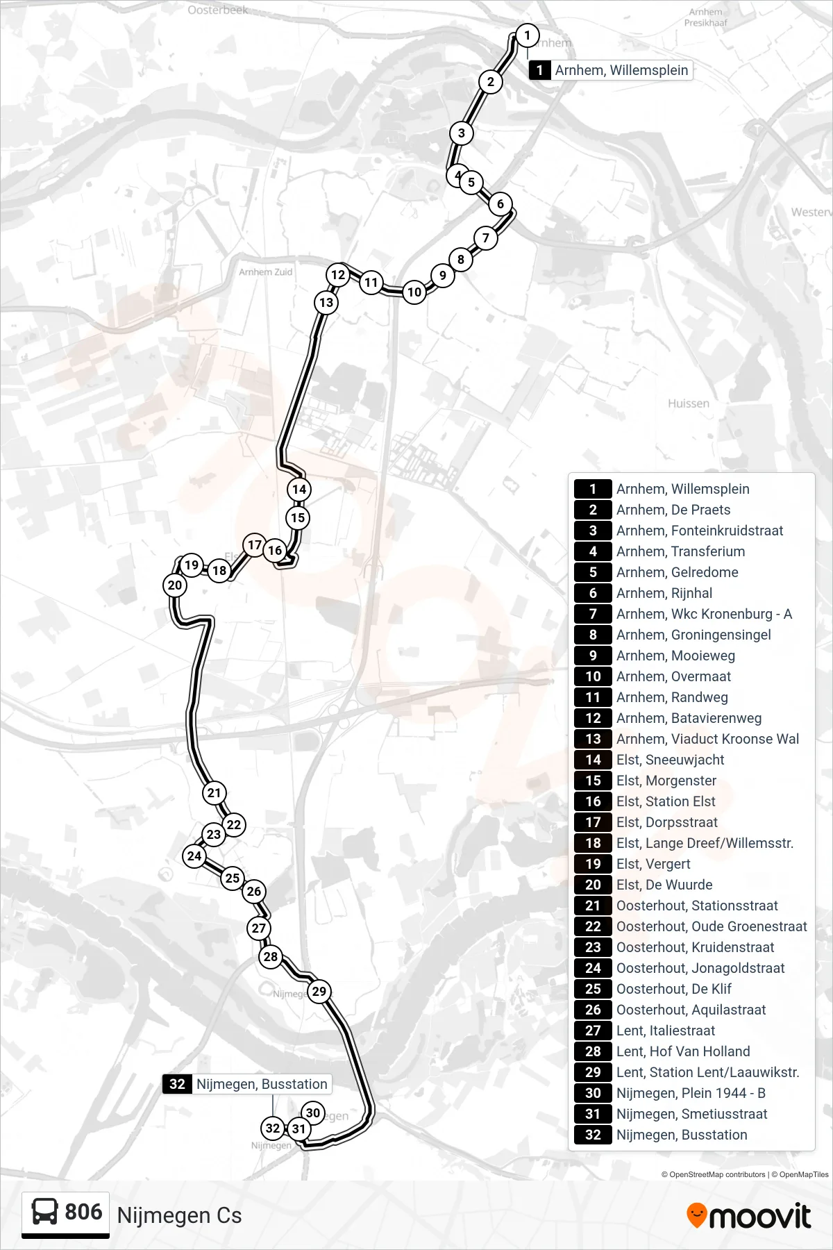 806 bus Line (Nijmegen Cs) route and stops on a map