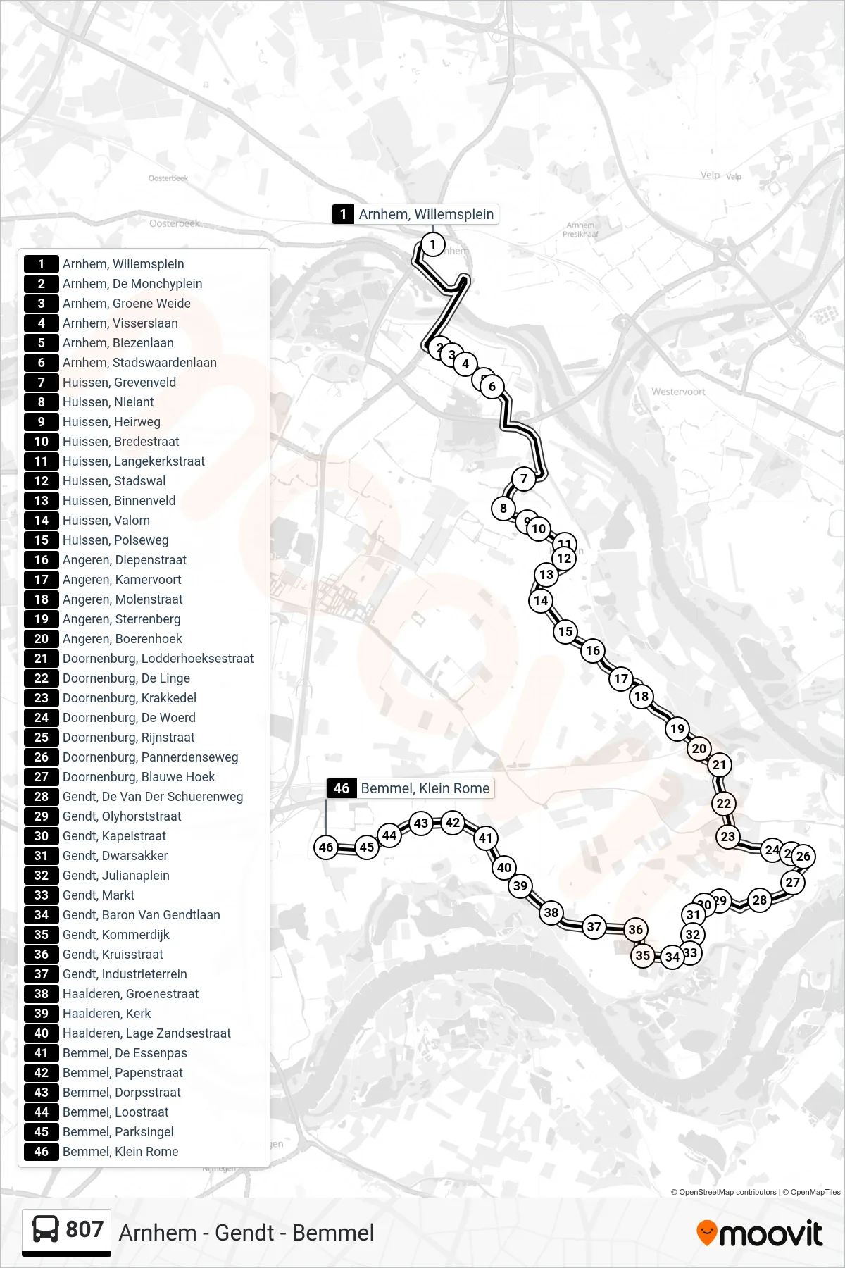 Lijn 807 (bus, Bemmel): route en haltes op de kaart