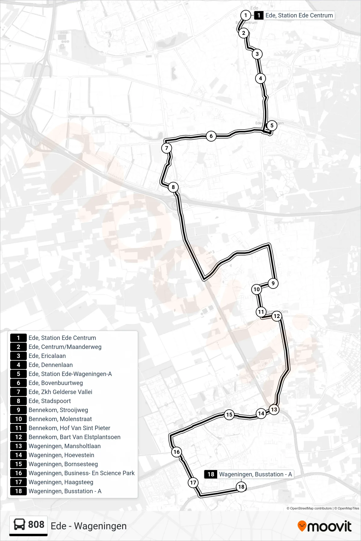 Lijn 808 (bus, Wageningen): route en haltes op de kaart