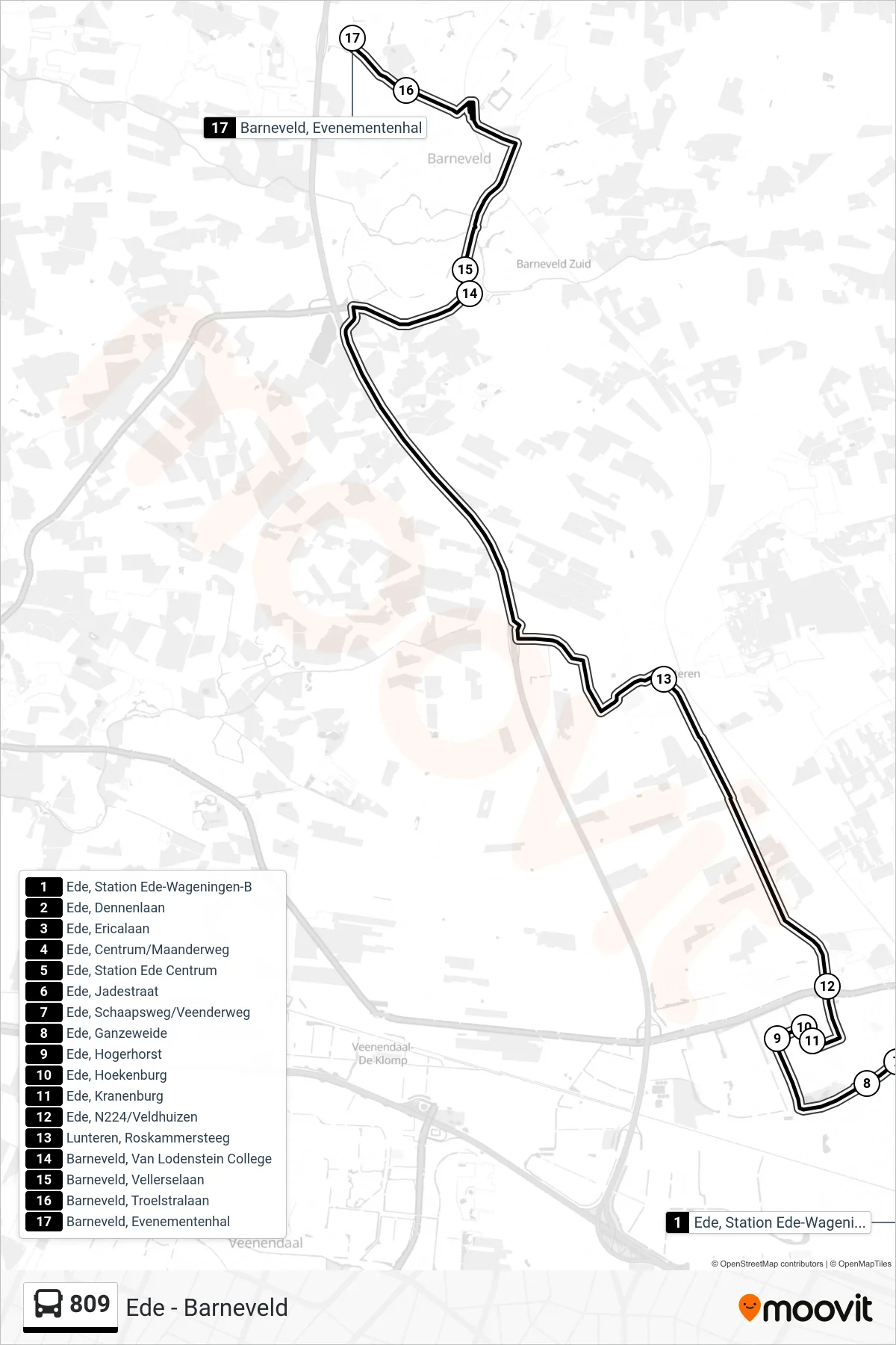 Lijn 809 (bus, Barneveld): route en haltes op de kaart