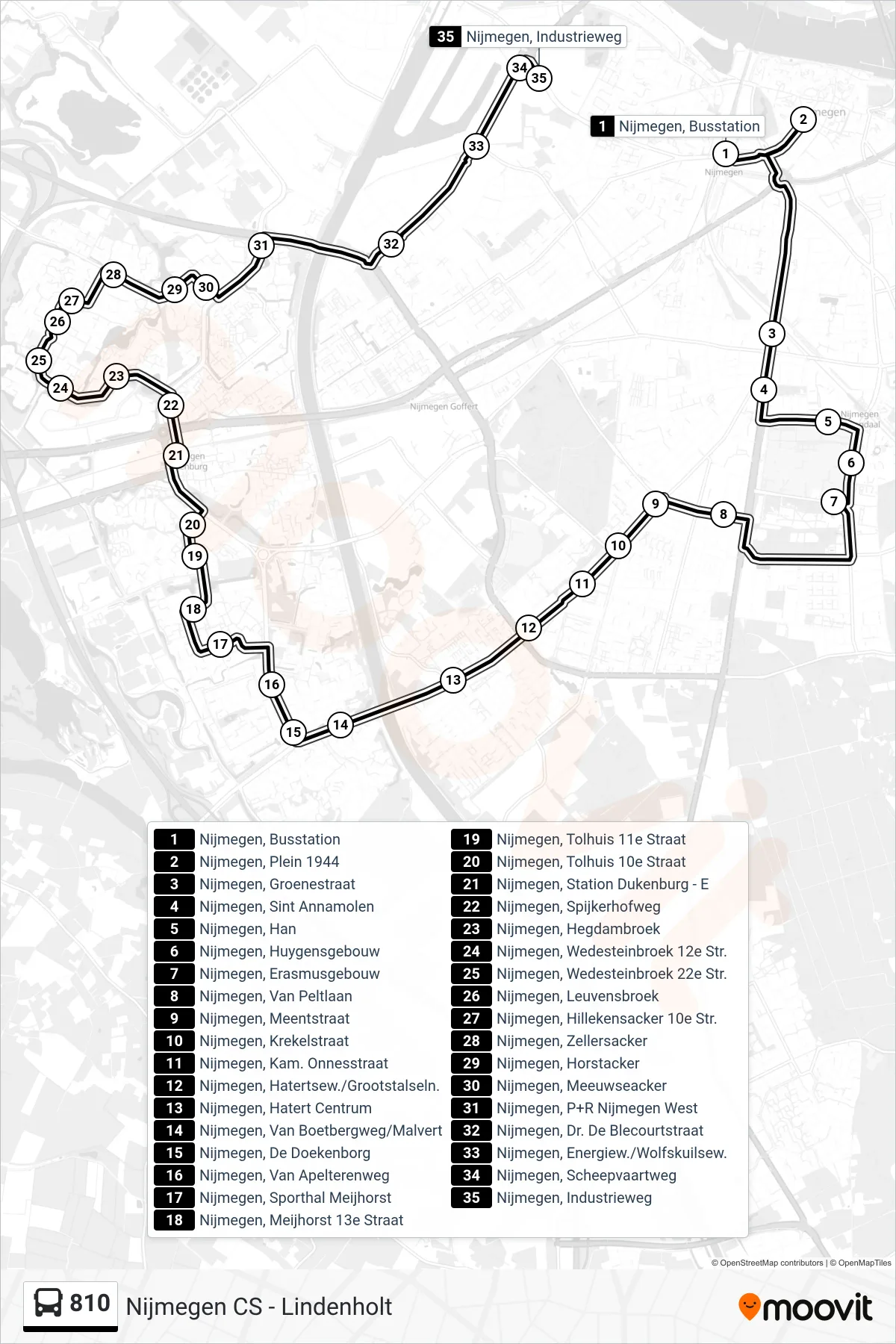 Lijn 810 (bus, Nijmegen West): route en haltes op de kaart