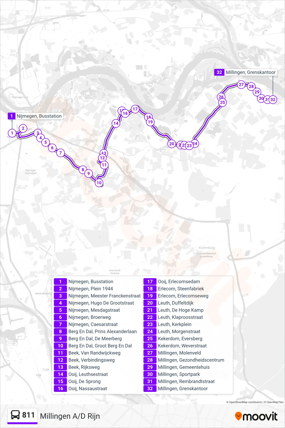 Lijn 811 (bus, Millingen A/D Rijn): route en haltes op de kaart