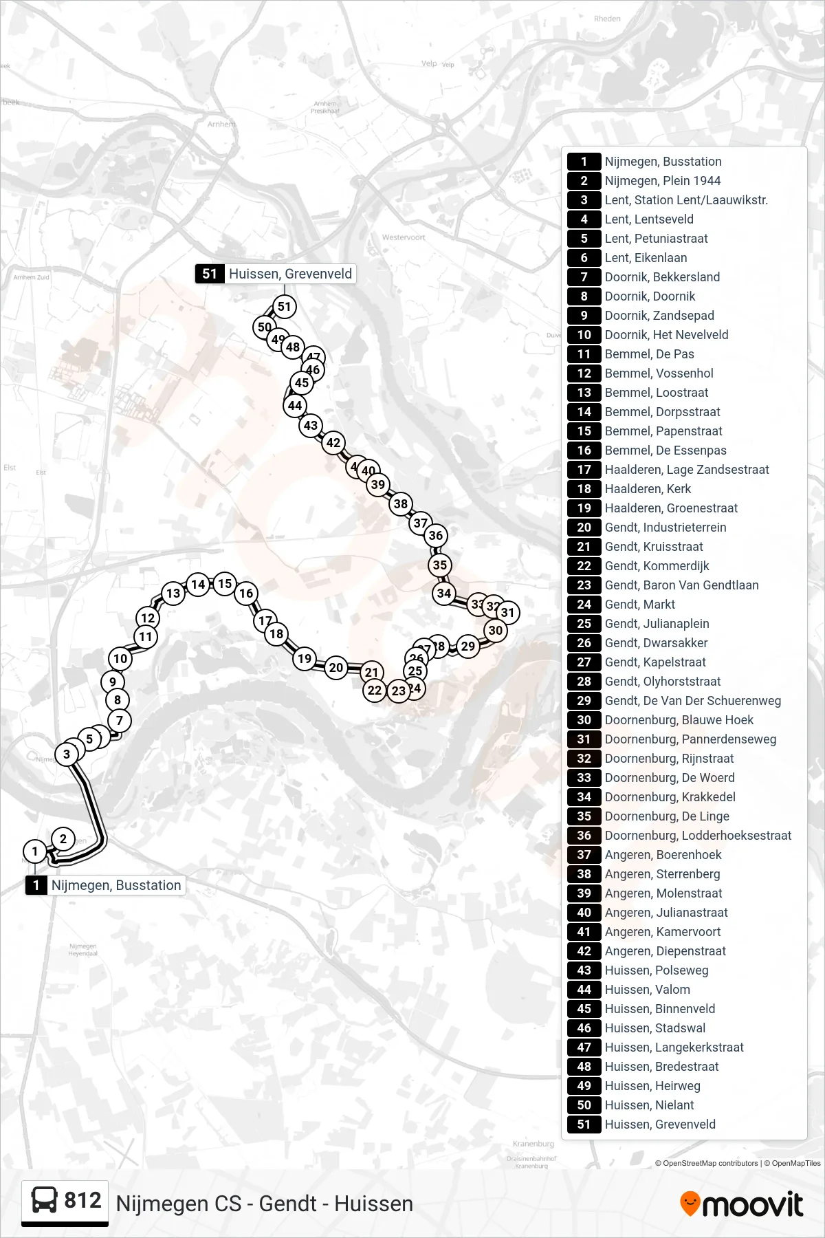 Lijn 812 (bus, Huissen): route en haltes op de kaart