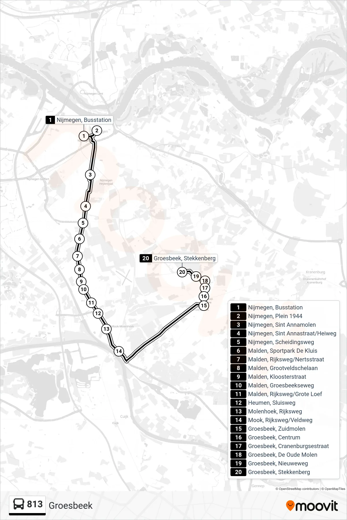 Lijn 813 (bus, Groesbeek): route en haltes op de kaart
