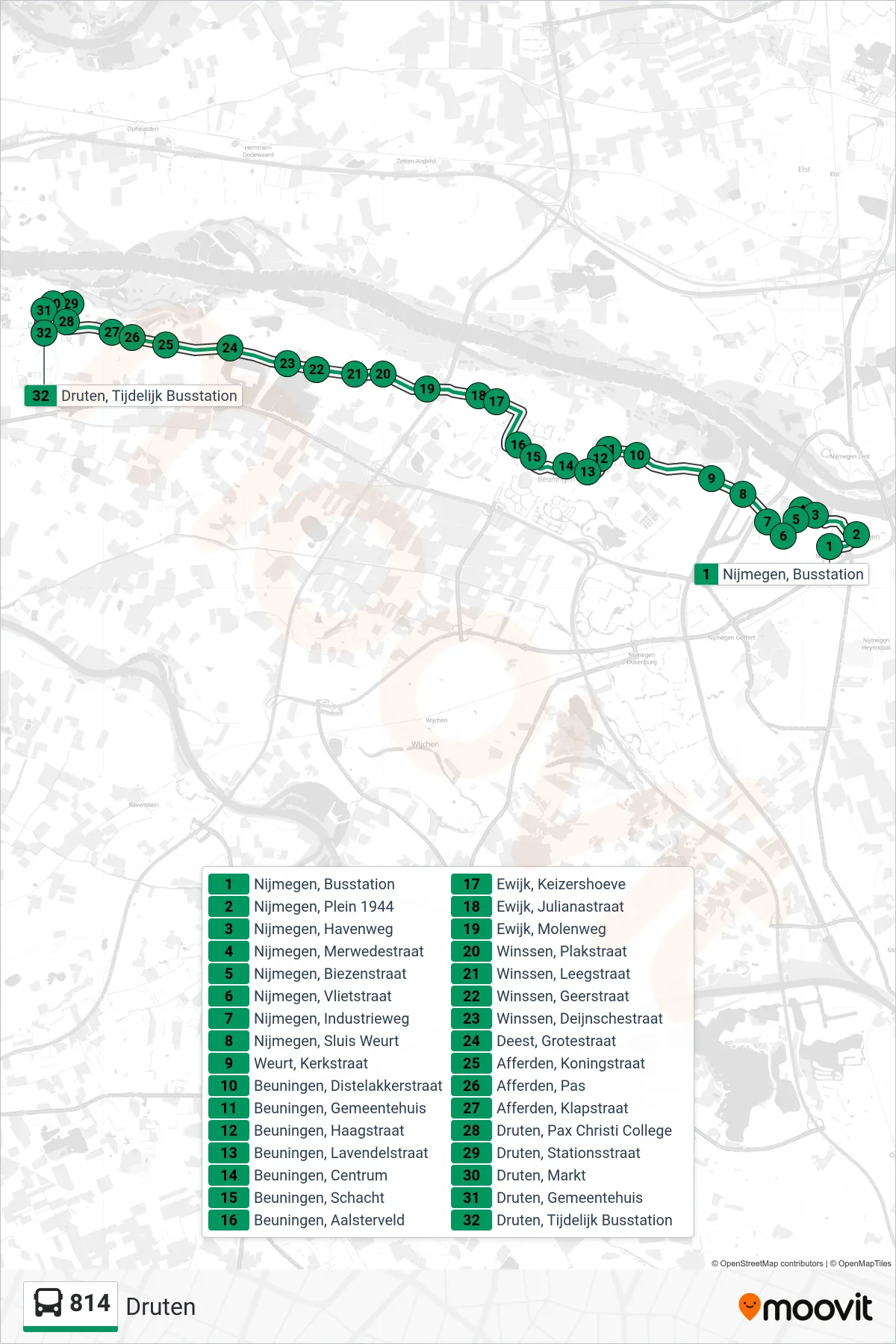 Lijn 814 (bus, Druten): route en haltes op de kaart