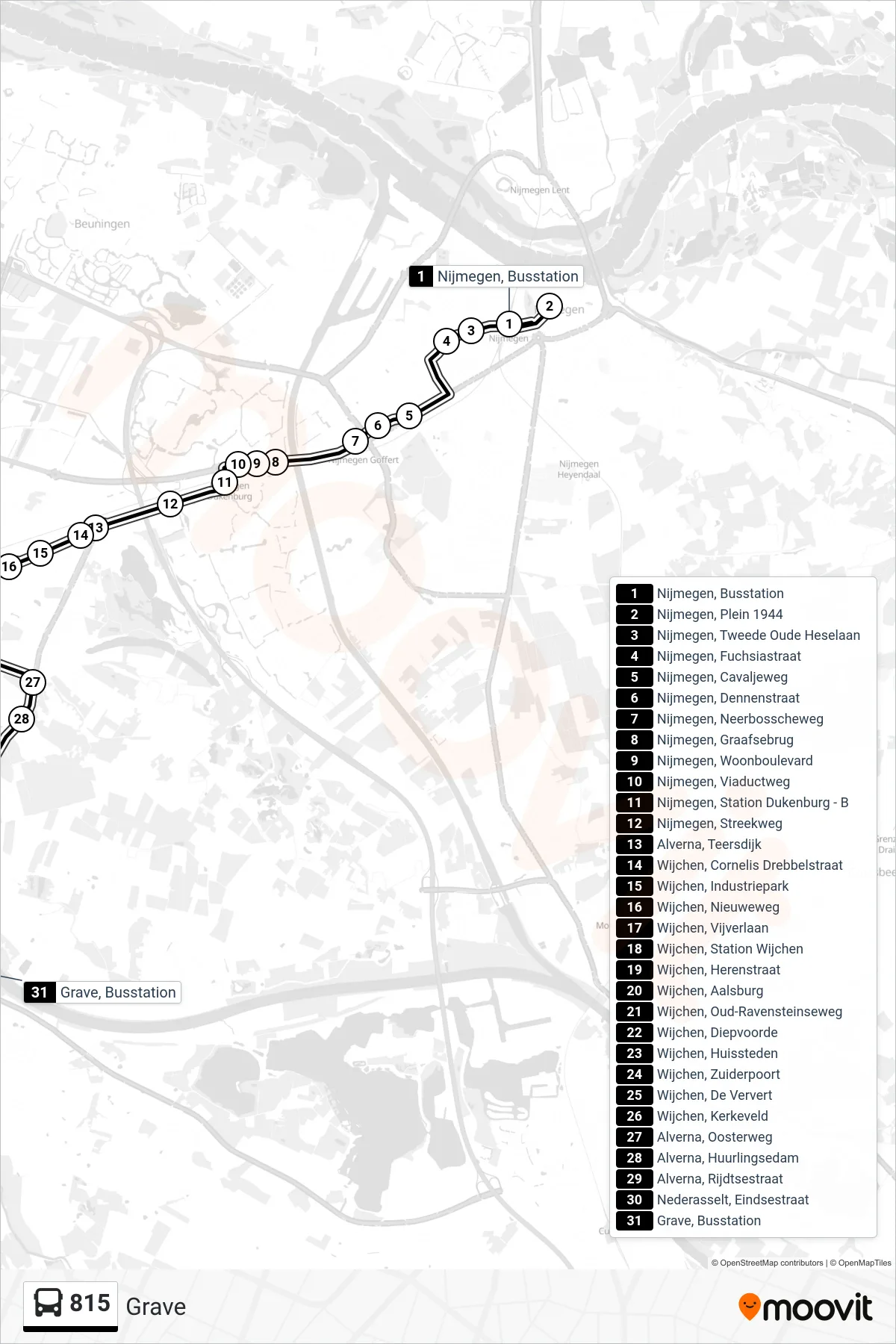 Lijn 815 (bus, Grave): route en haltes op de kaart
