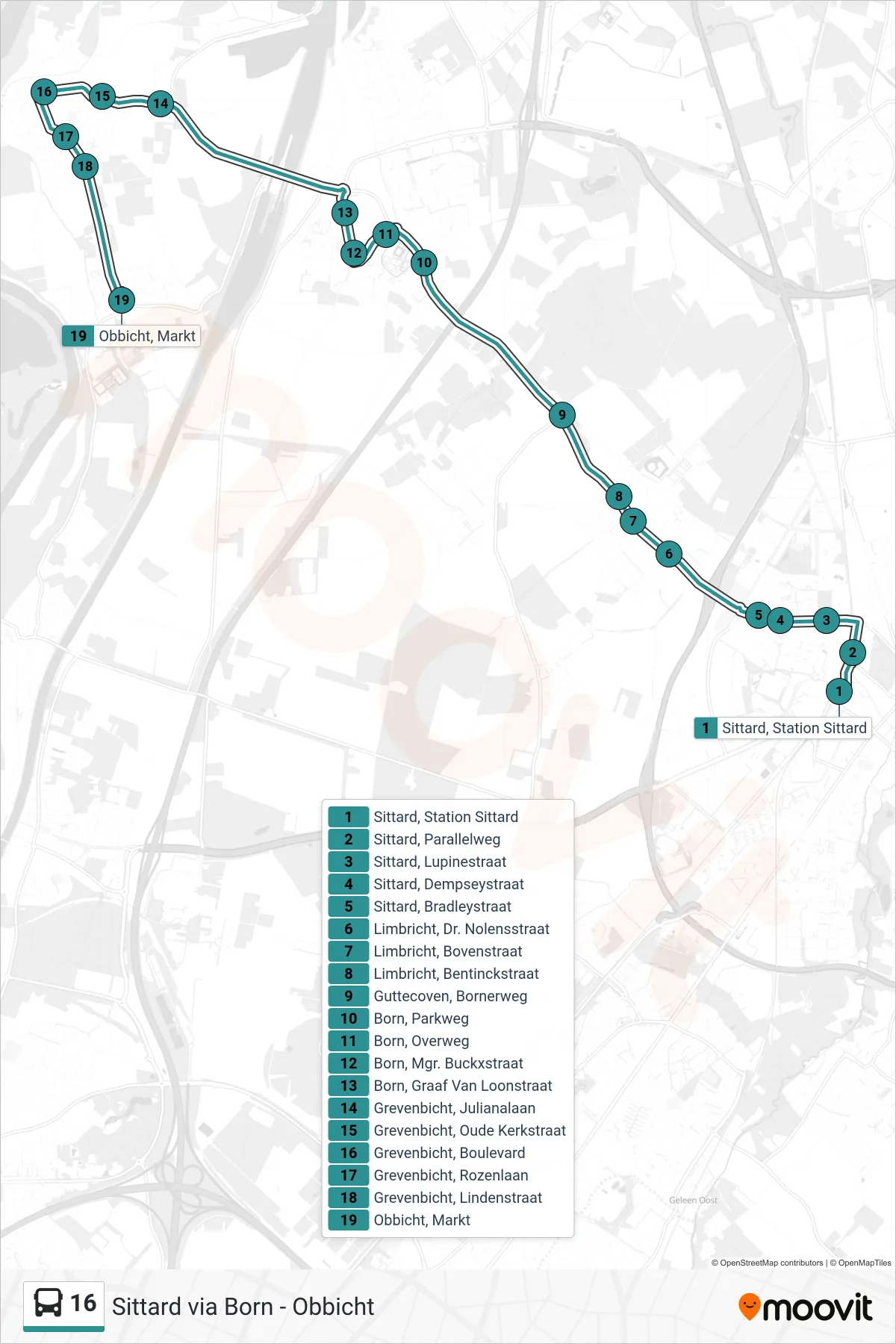 Lijn 16 (bus, Obbicht): route en haltes op de kaart