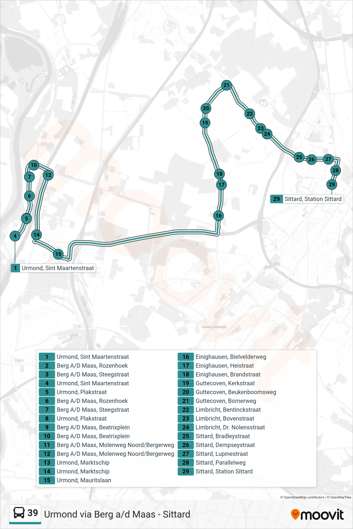 Lijn 39 (bus, Sittard): route en haltes op de kaart