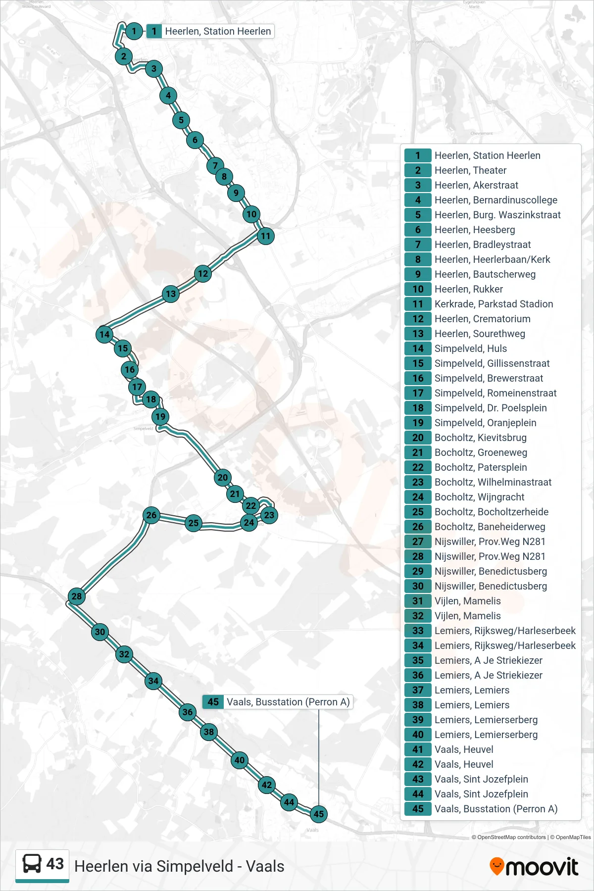 43 bus Line (Vaals) route and stops on a map