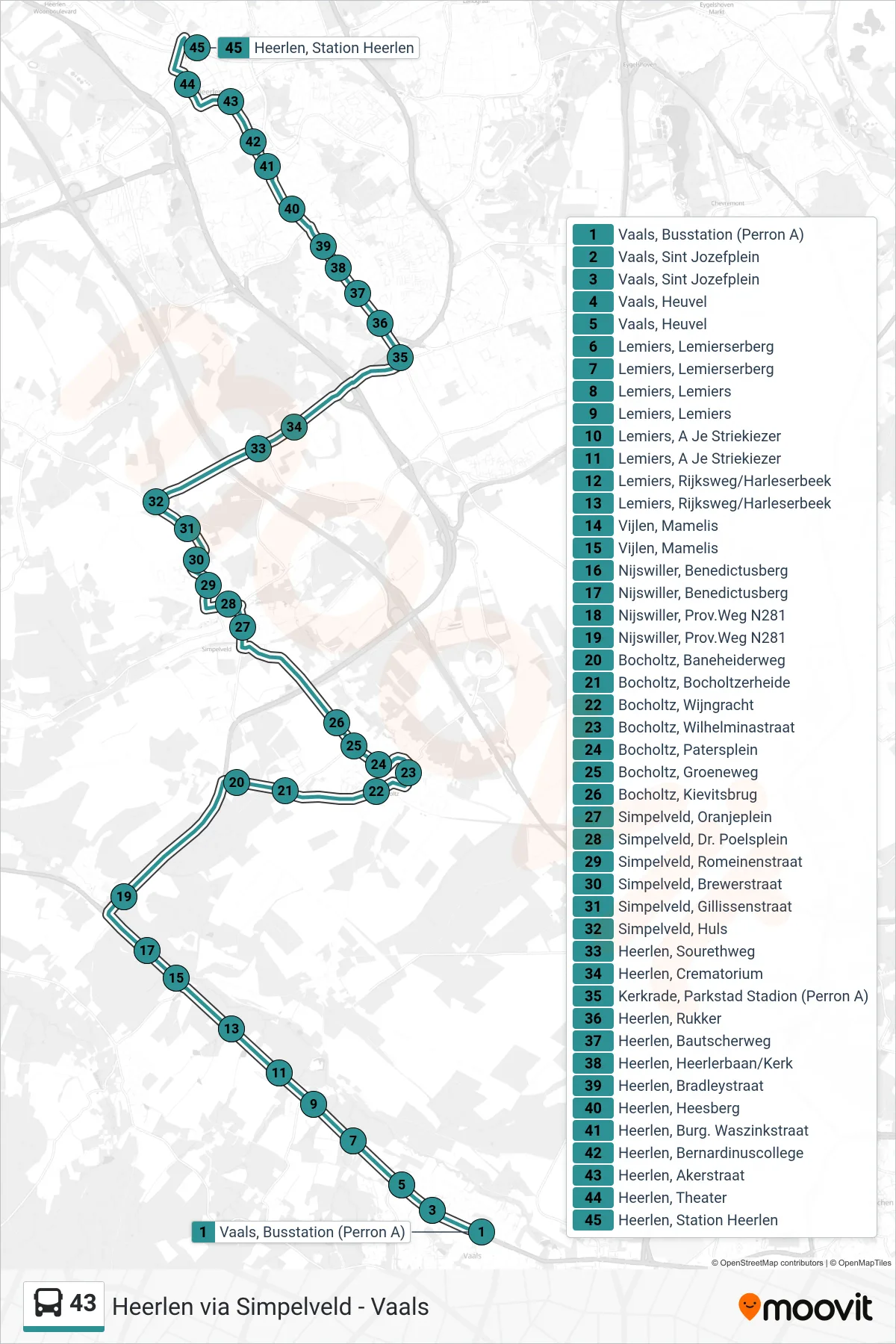 Lijn 43 (bus, Heerlen): route en haltes op de kaart