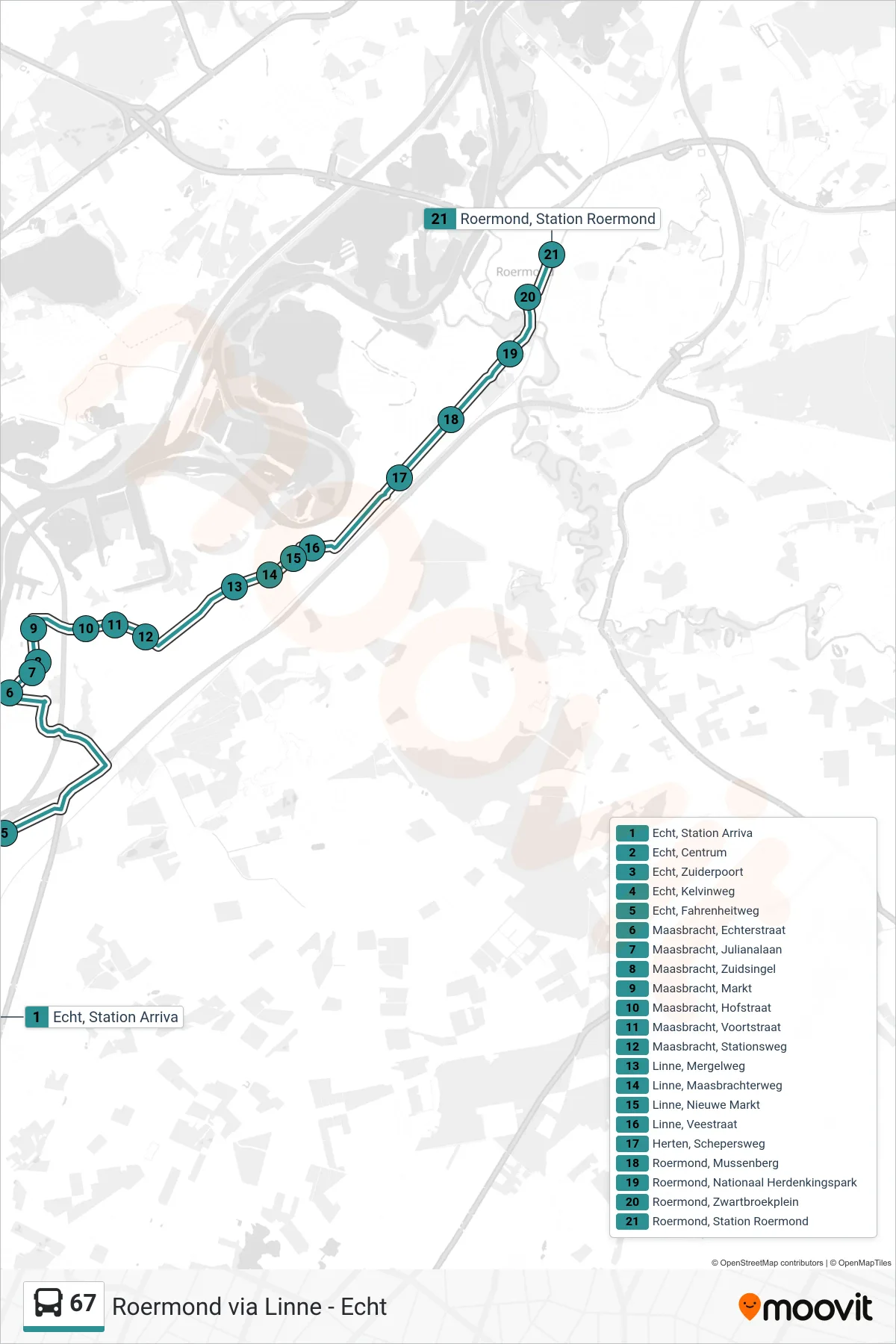 Lijn 67 (bus, Roermond): route en haltes op de kaart
