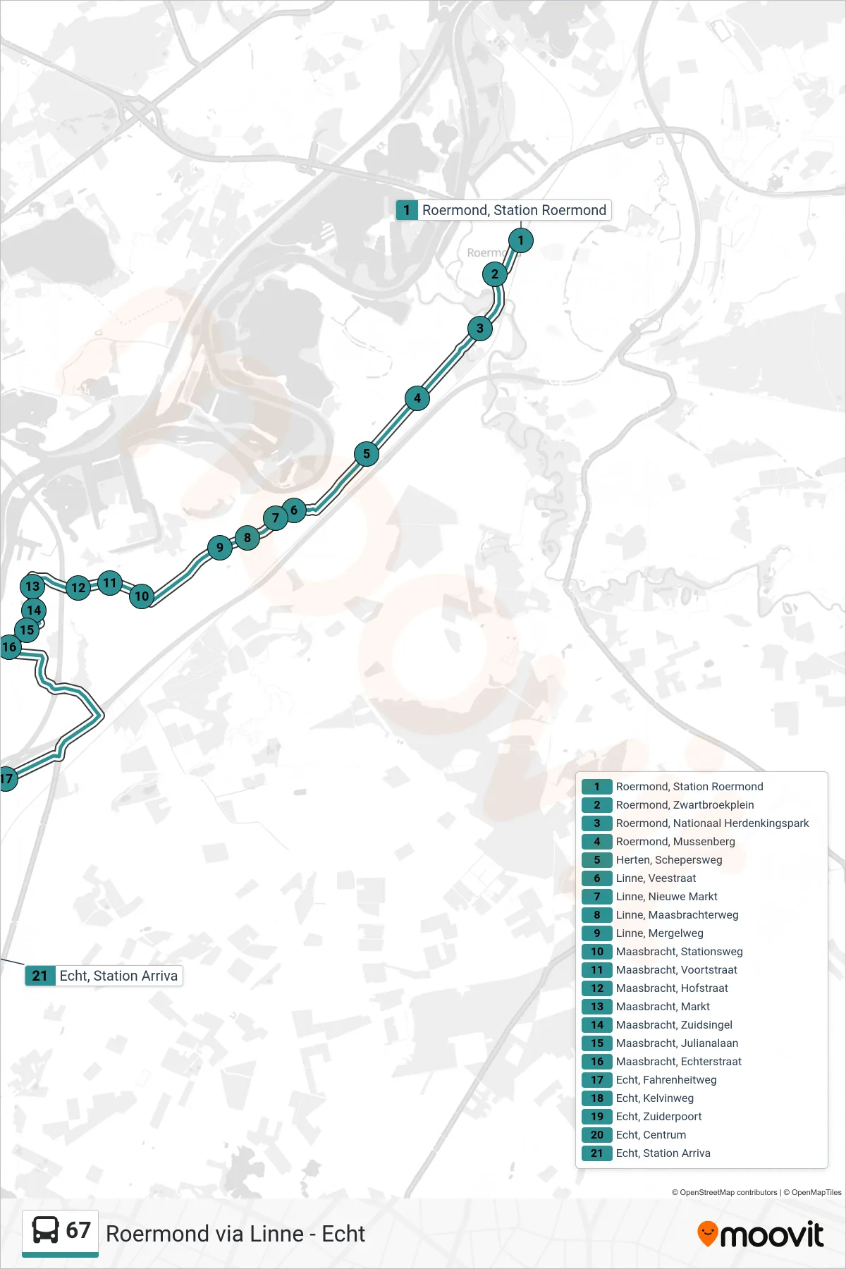 Lijn 67 (bus, Echt): route en haltes op de kaart