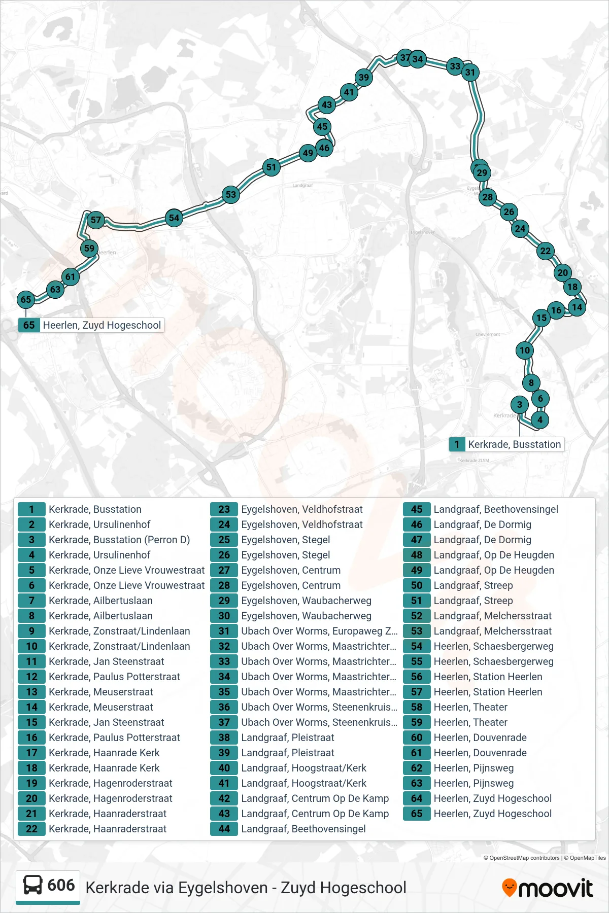 Lijn 606 (bus, Heerlen): route en haltes op de kaart