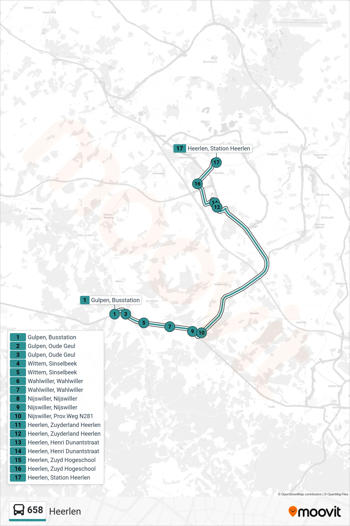 658 bus Line (Heerlen) route and stops on a map