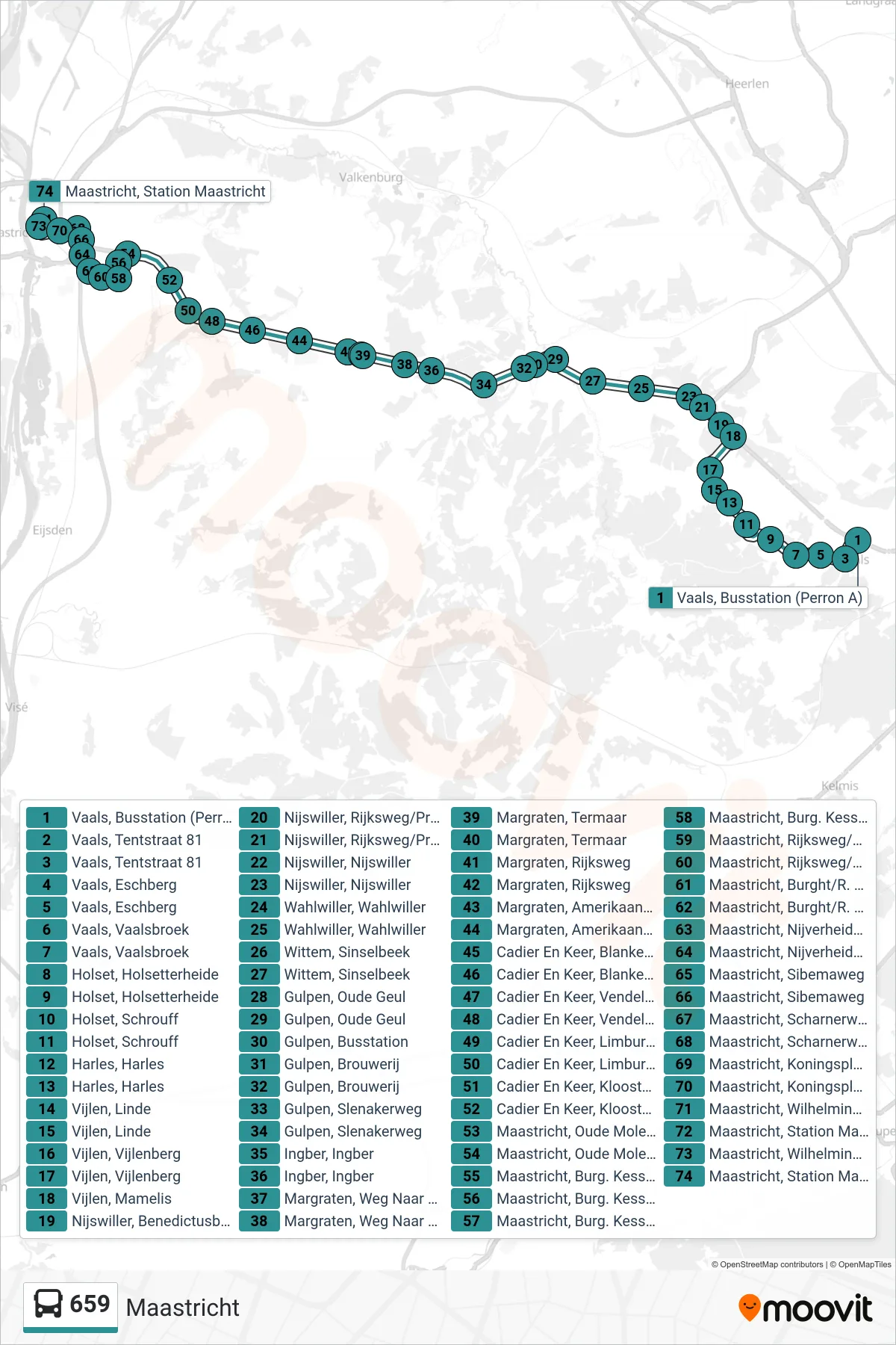 Lijn 659 (bus, Maastricht): route en haltes op de kaart