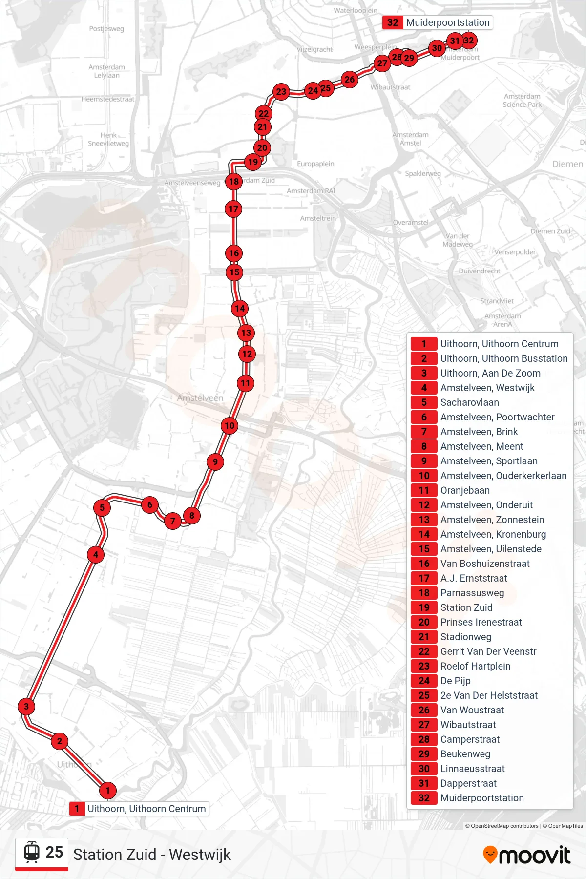 Lijn 25 (tram, Muiderpoortstation): route en haltes op de kaart