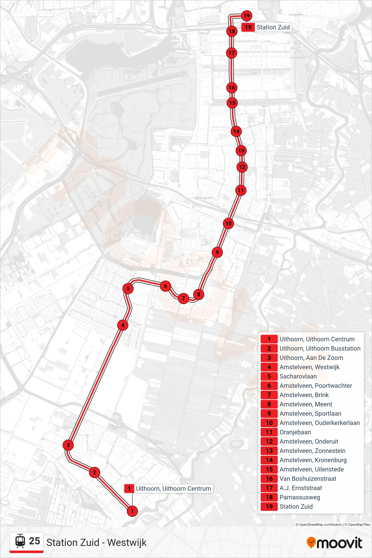 25 tram Line (Station Zuid) route and stops on a map