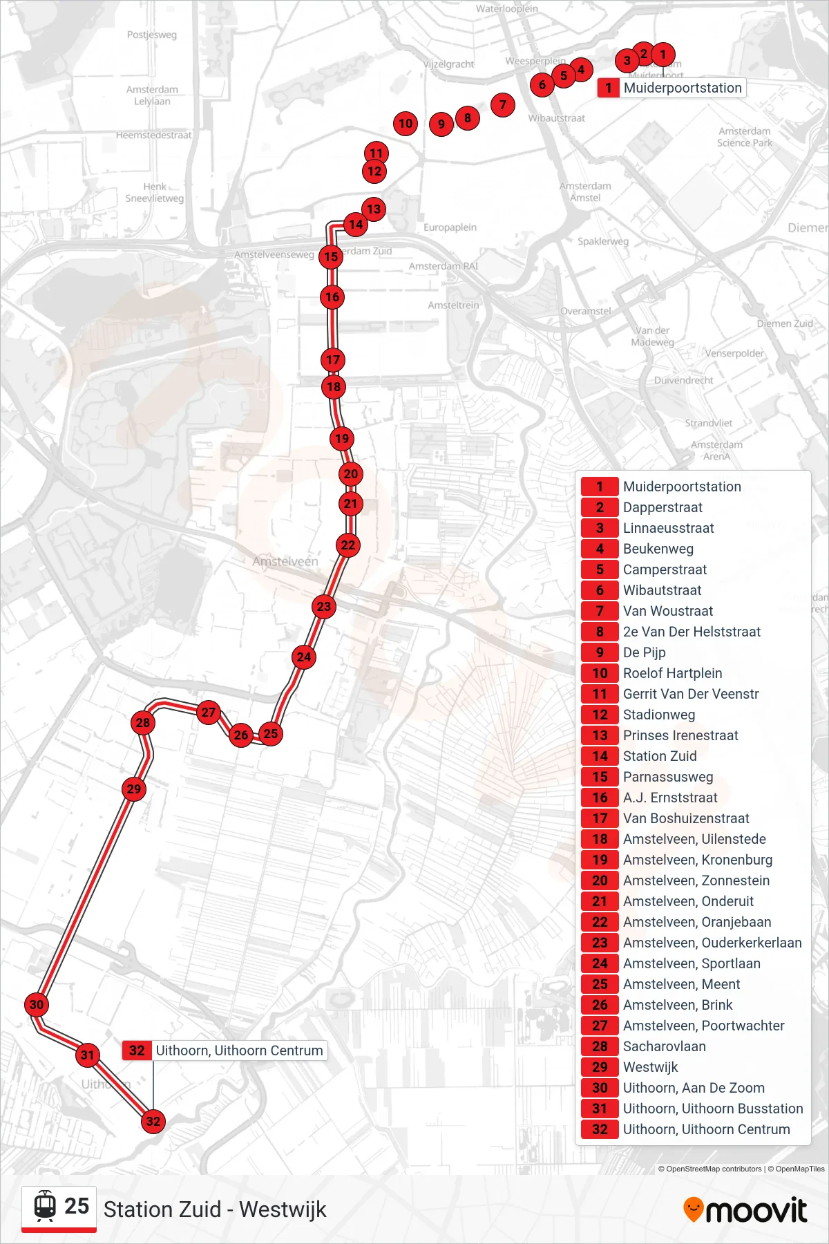 Lijn 25 (tram, Uithoorn Centrum): route en haltes op de kaart