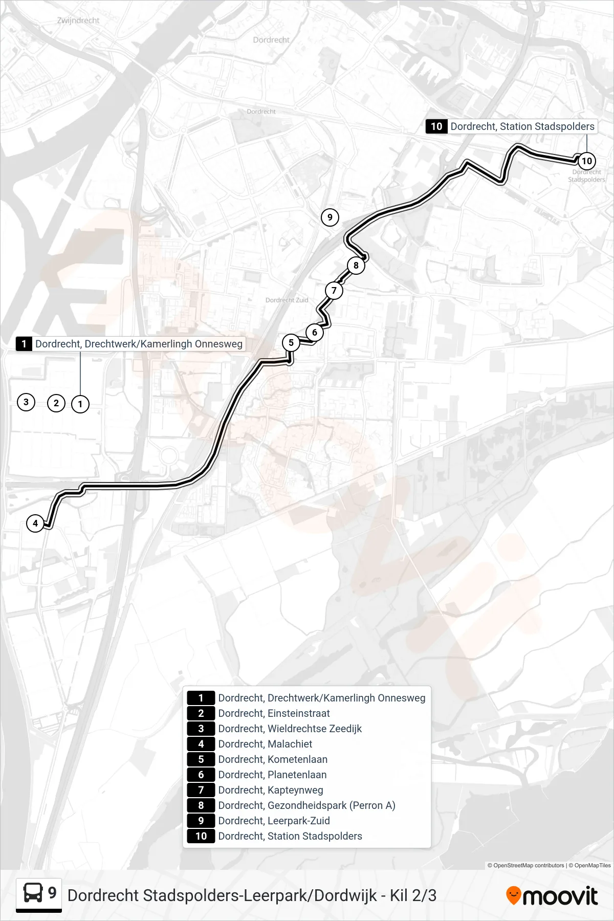 9 bus Line (Stadspolders Station) route and stops on a map