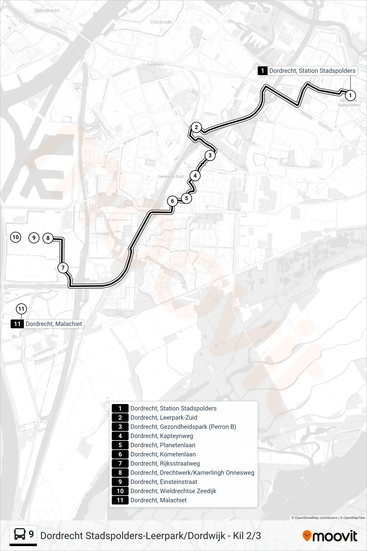 Lijn 9 (bus, Dordtse Kil Ii/Iii): route en haltes op de kaart