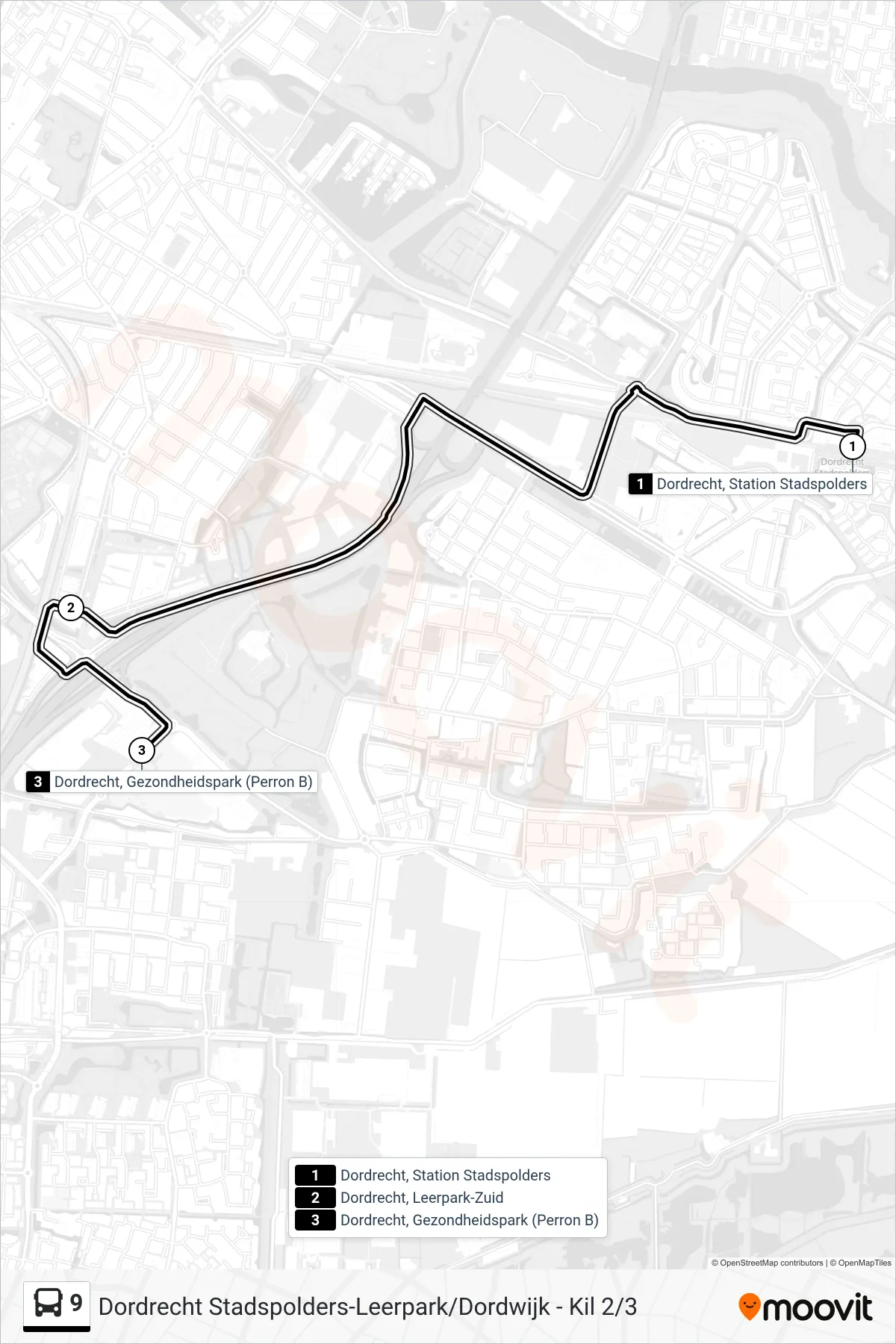 9 bus Line (Leerpark/Zkh) route and stops on a map