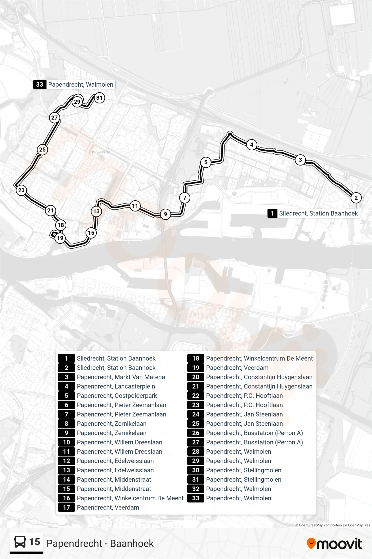 Lijn 15 (bus, Papendrecht): route en haltes op de kaart