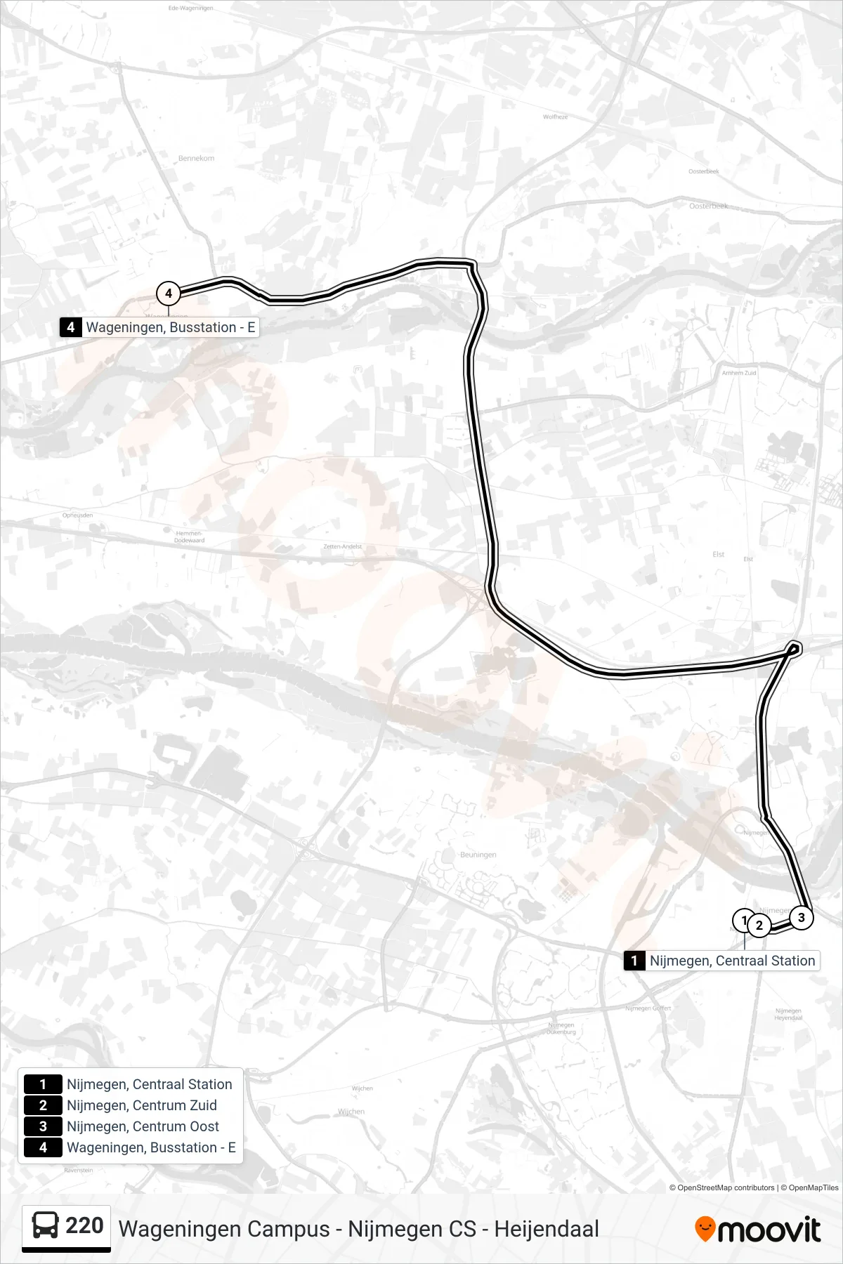 Lijn 220 (bus, Wageningen Busstation): route en haltes op de kaart