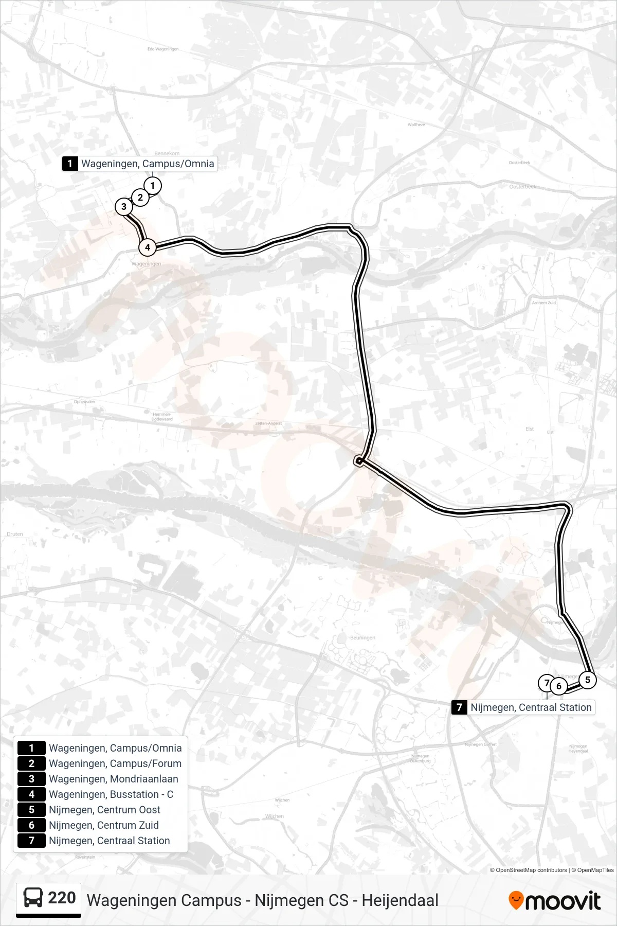 220 bus Line (Nijmegen Cs) route and stops on a map