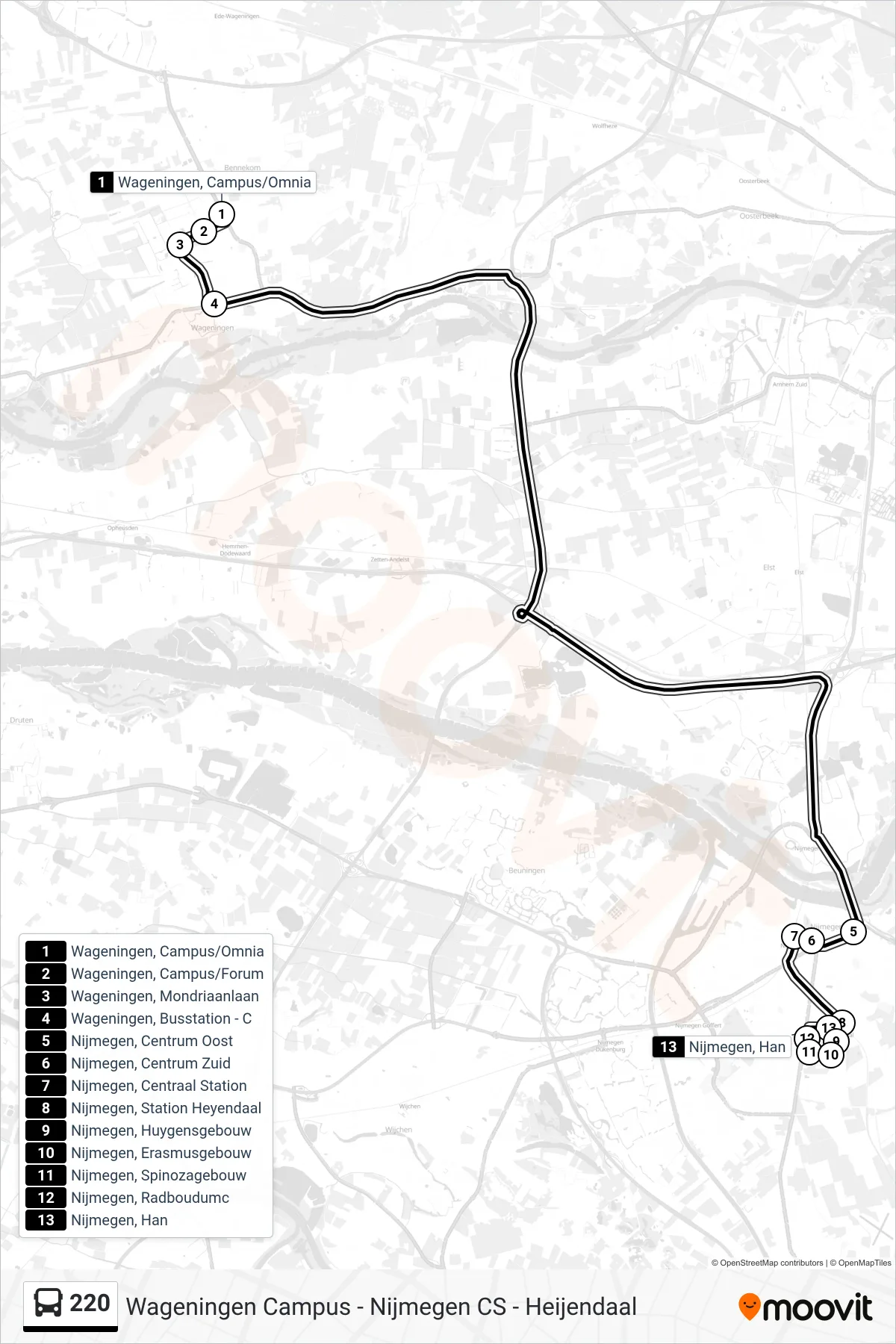 Lijn 220 (bus, Nijmegen Heyendaal/Han): route en haltes op de kaart