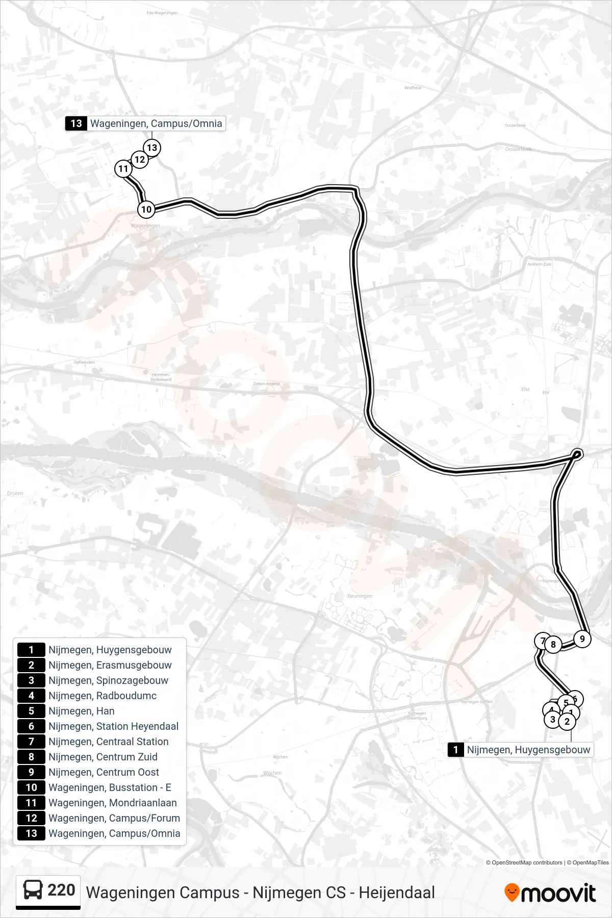 Lijn 220 (bus, Wageningen Campus): route en haltes op de kaart