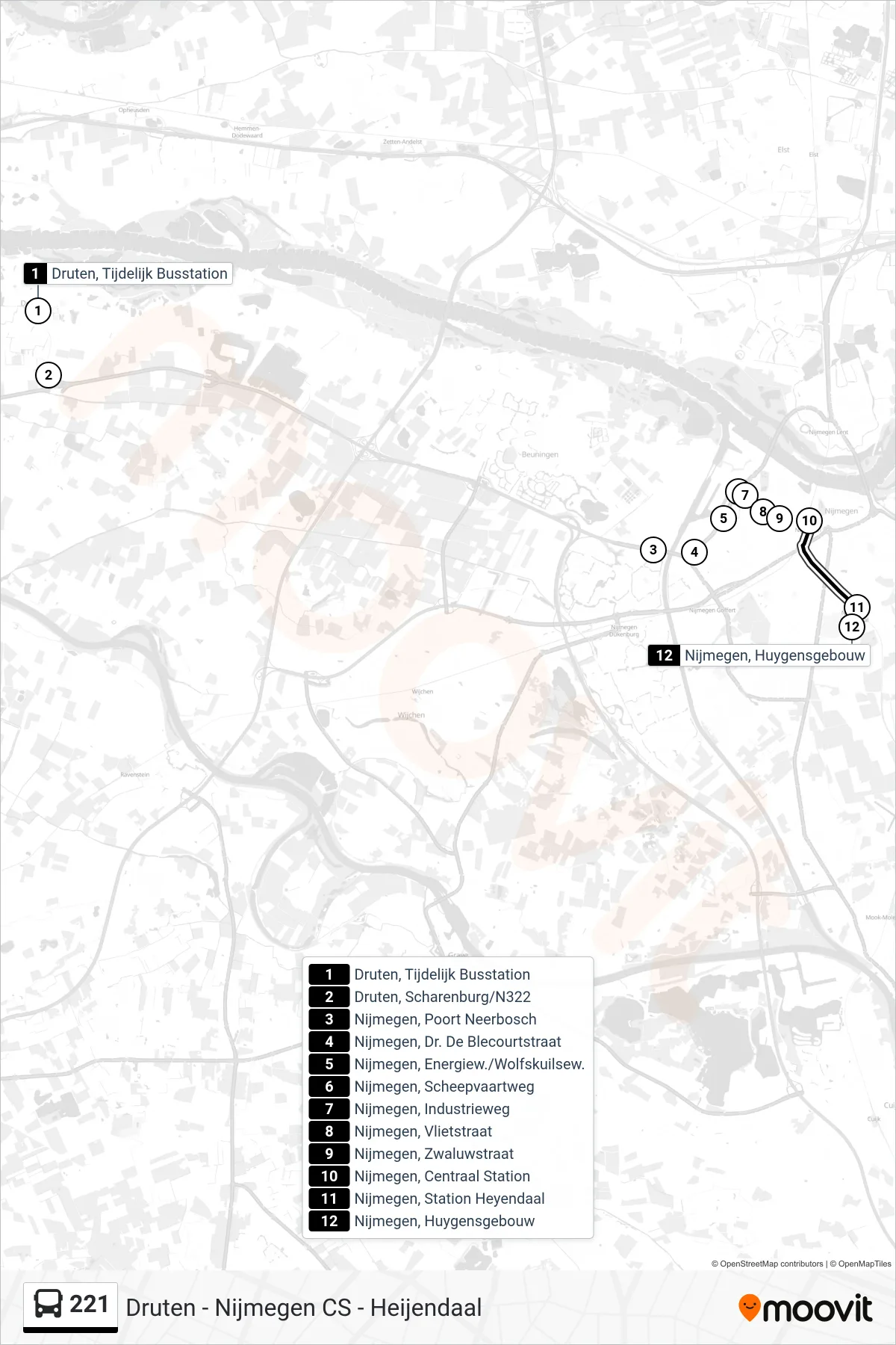 Lijn 221 (bus, Nijmegen Heyendaal): route en haltes op de kaart