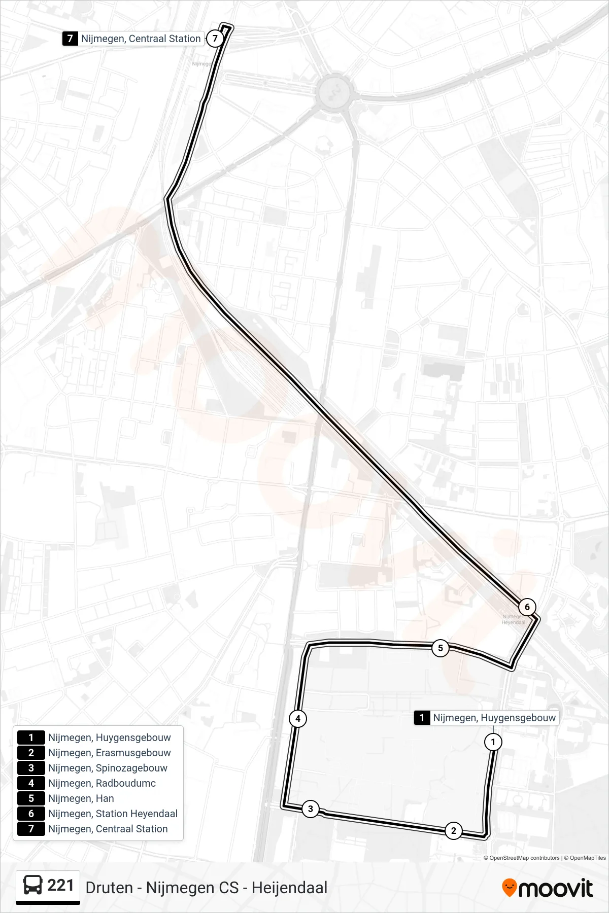 221 bus Line (Nijmegen Cs) route and stops on a map
