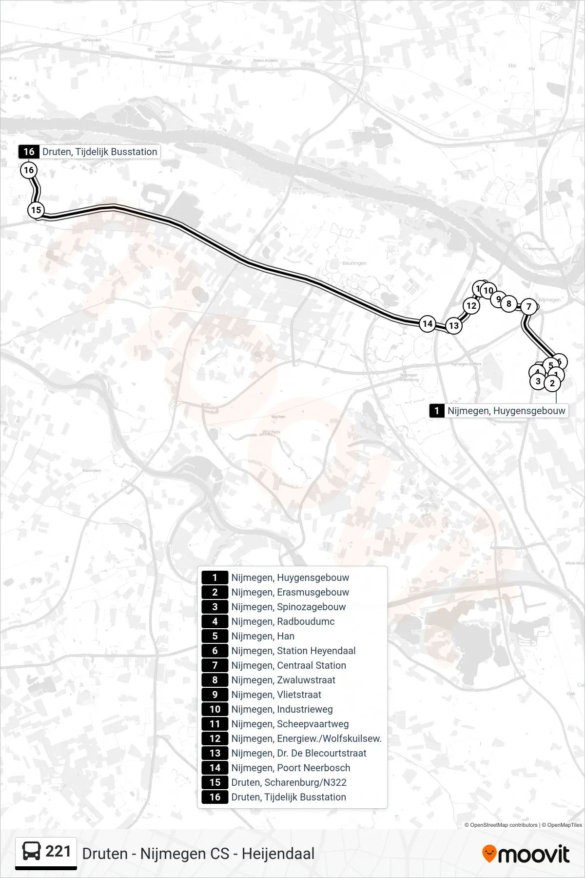 Lijn 221 (bus, Druten): route en haltes op de kaart