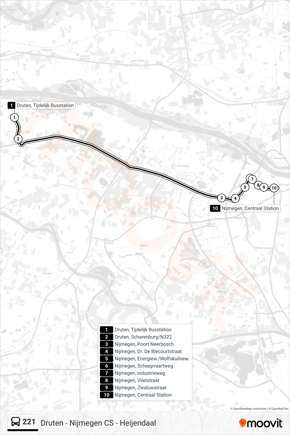 221 bus Line (Nijmegen Cs) route and stops on a map