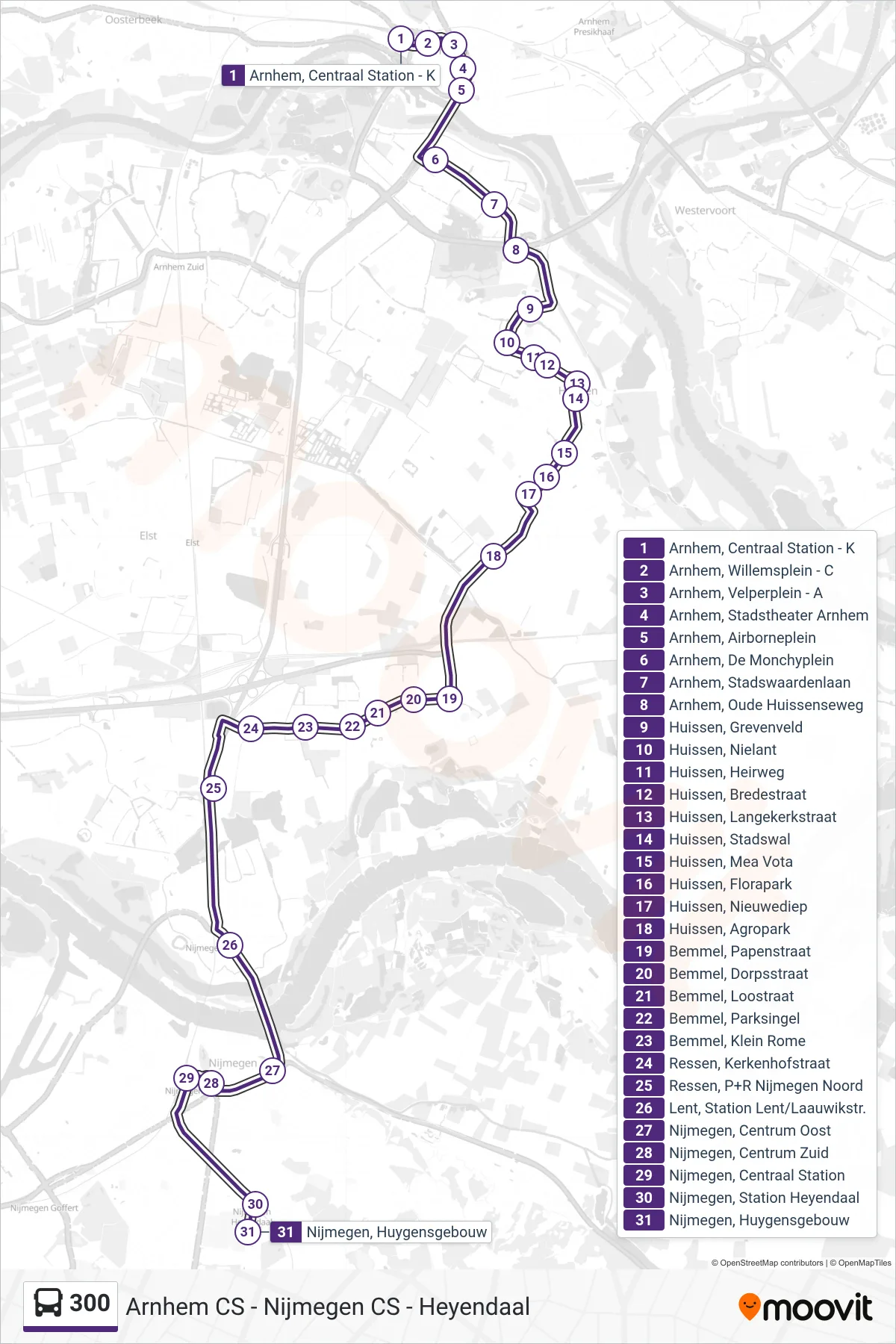300 bus Line (Nijmegen Heyendaal) route and stops on a map