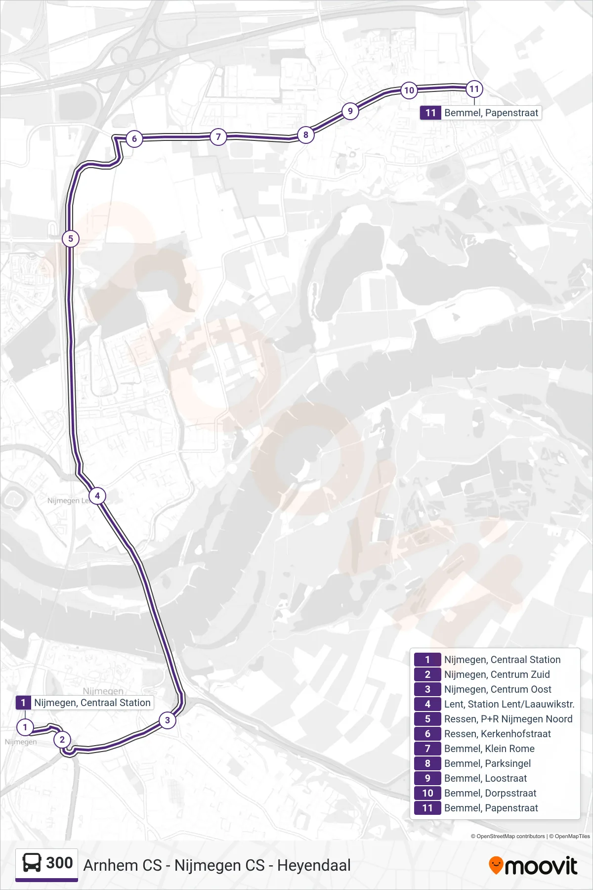Lijn 300 (bus, Bemmel Papenstraat): route en haltes op de kaart