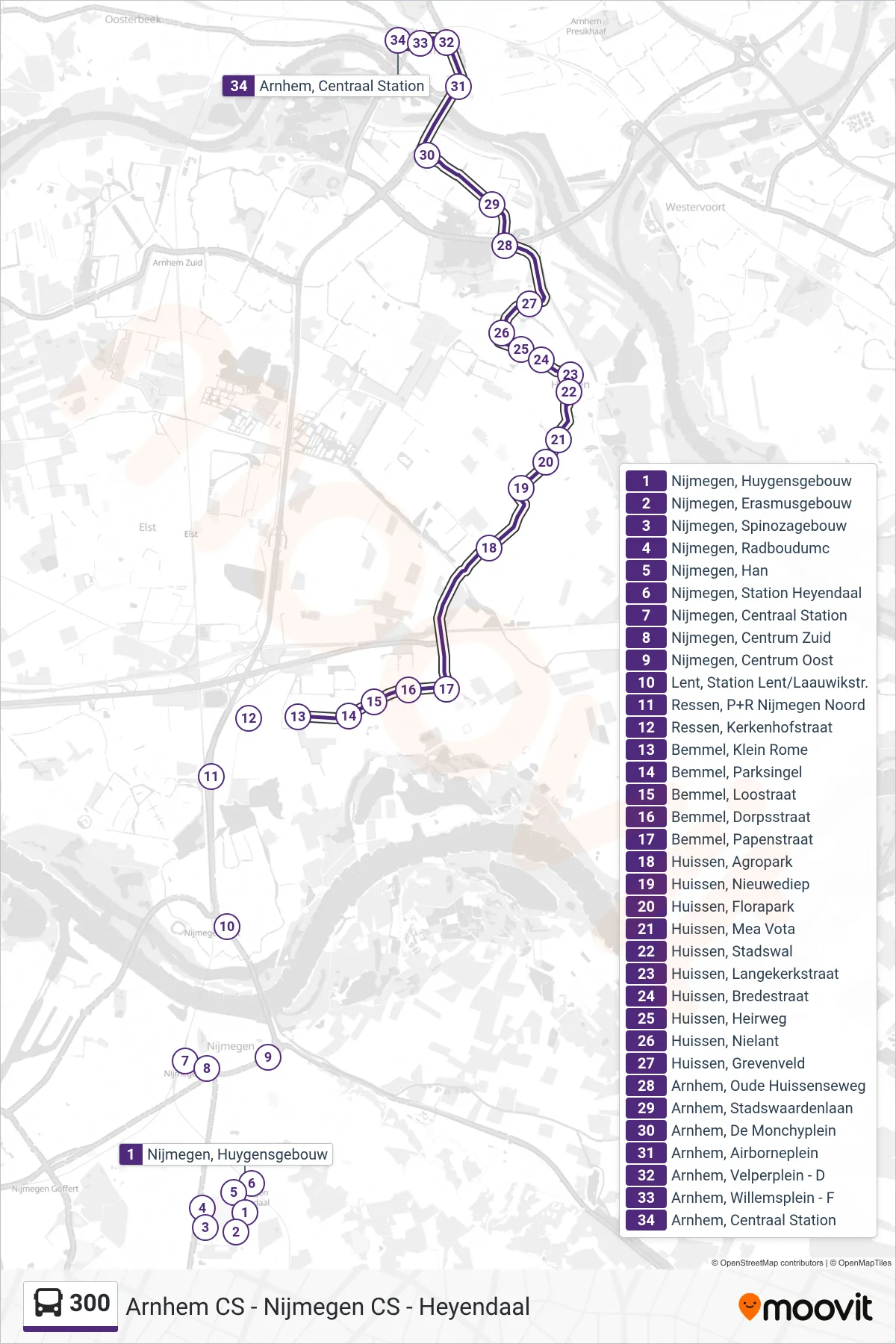 Lijn 300 (bus, Arnhem Cs): route en haltes op de kaart