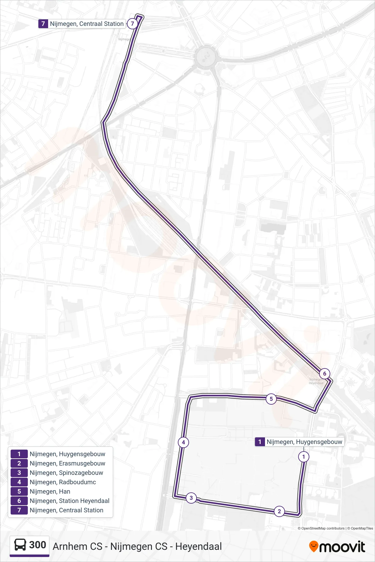 300 bus Line (Nijmegen Cs) route and stops on a map