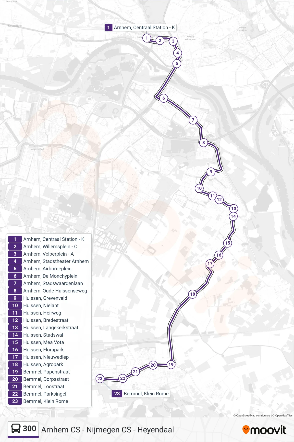 300 bus Line (Bemmel Klein Rome) route and stops on a map
