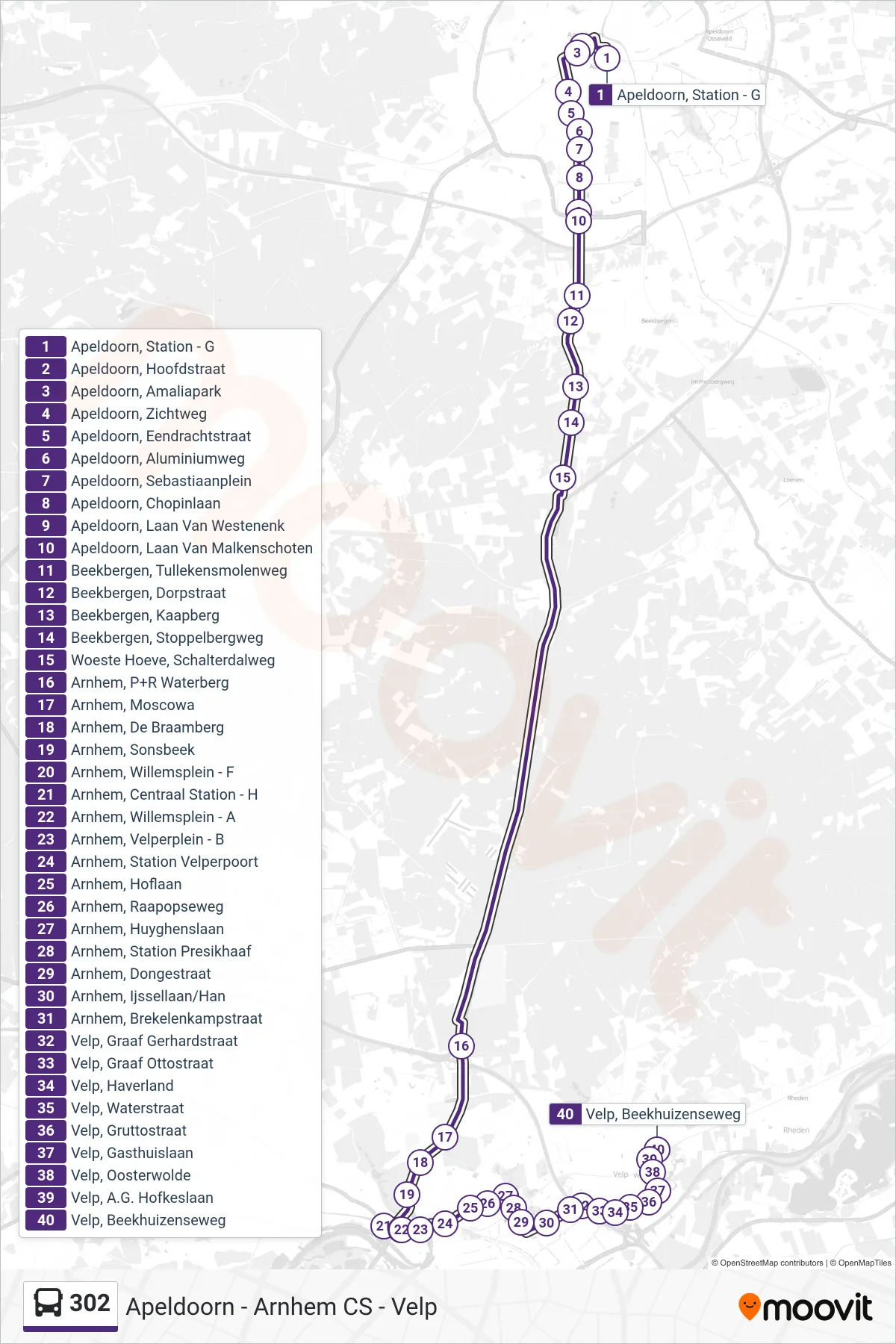 Lijn 302 (bus, Velp Beekhuizenseweg): route en haltes op de kaart
