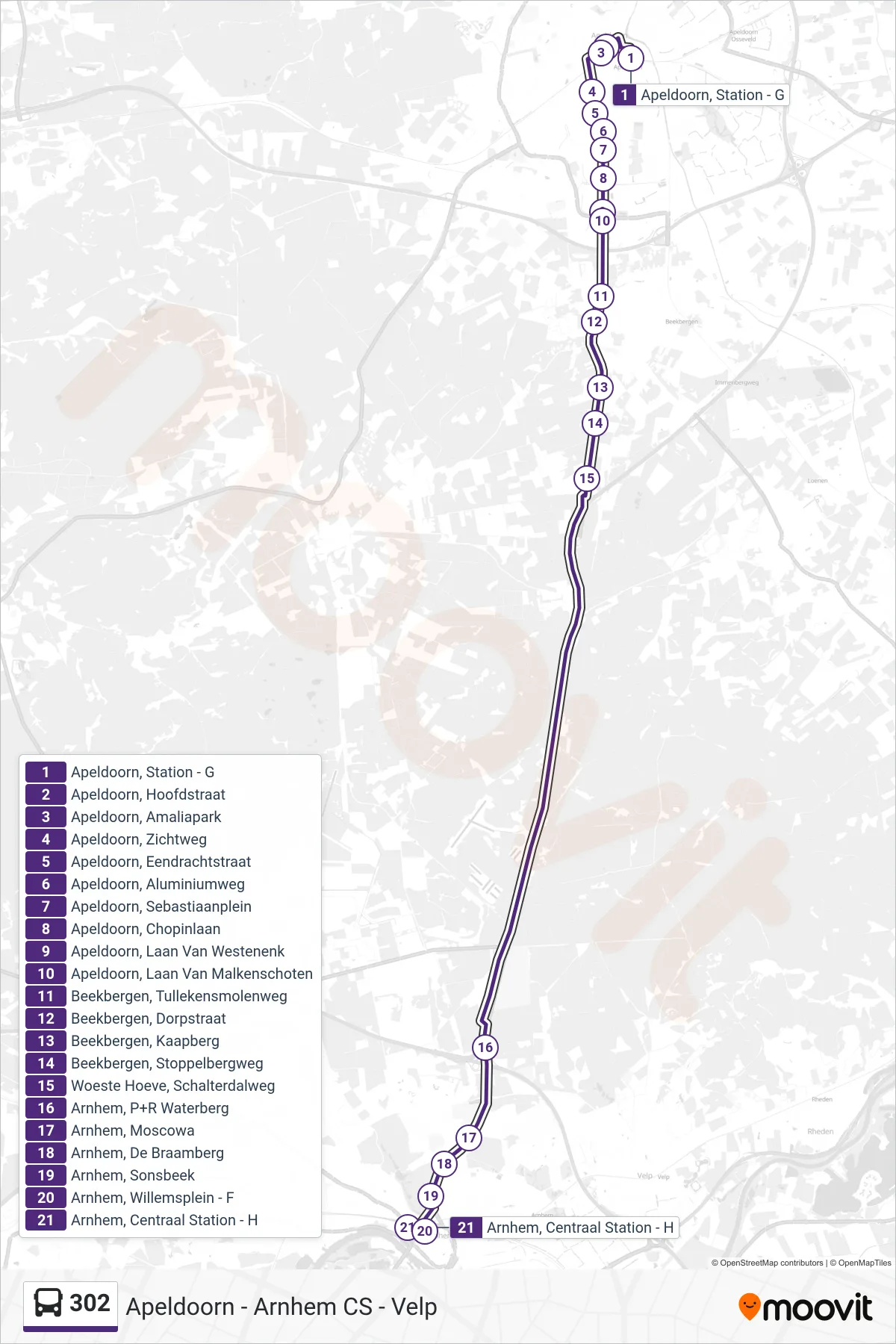 Lijn 302 (bus, Arnhem Cs): route en haltes op de kaart