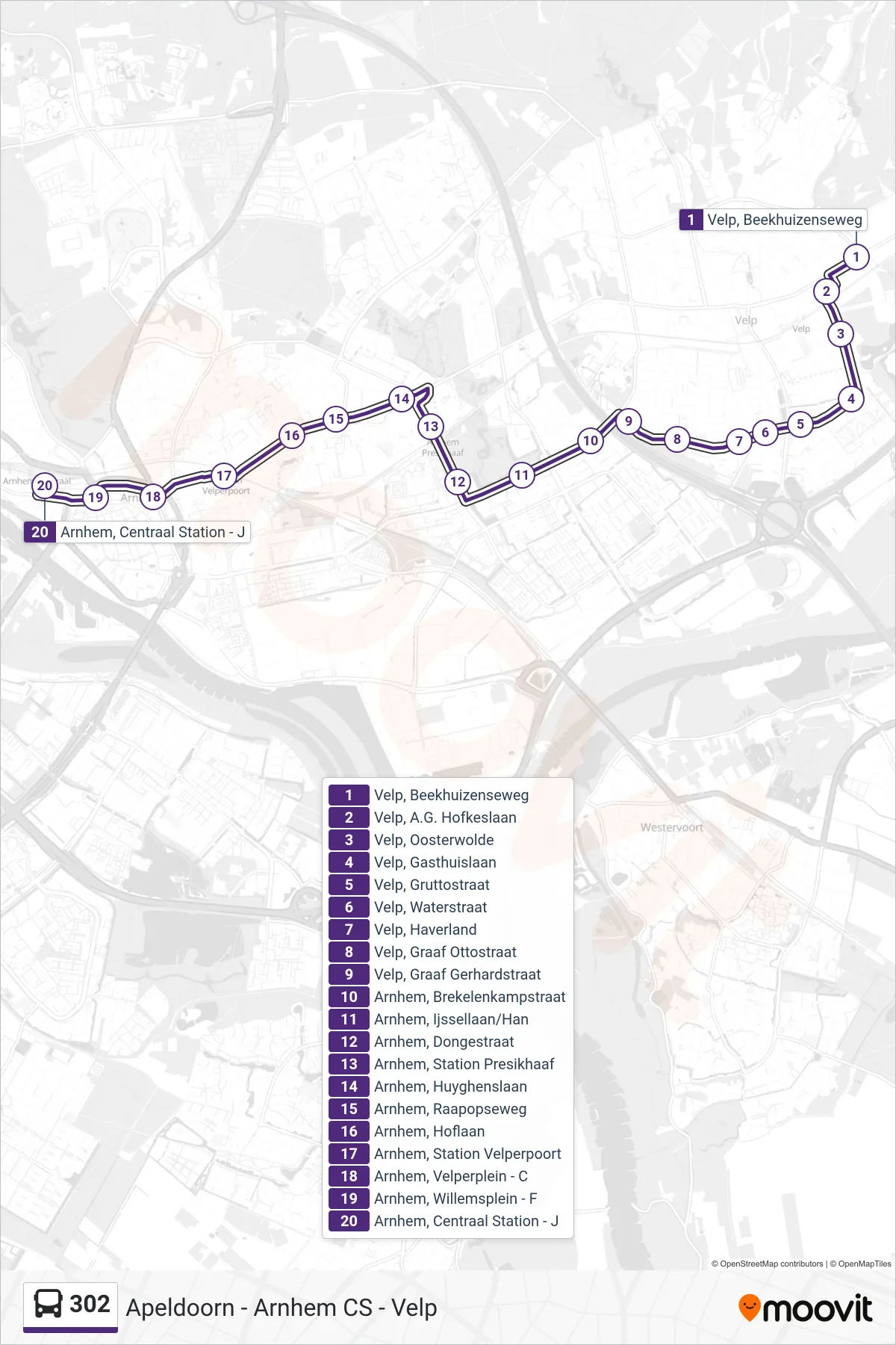 302 bus Line (Arnhem Cs) route and stops on a map
