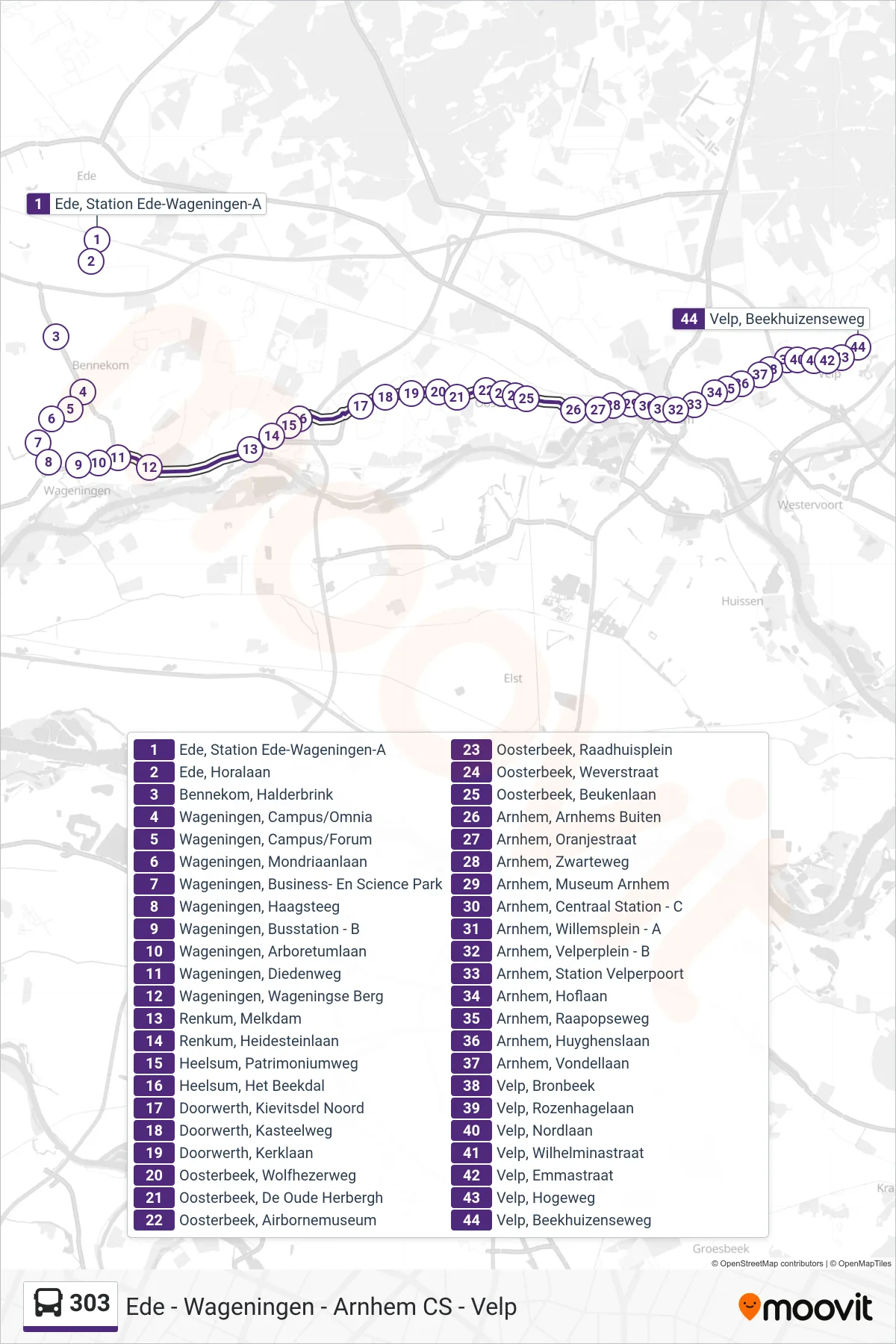 303 bus Line (Velp Beekhuizenseweg) route and stops on a map