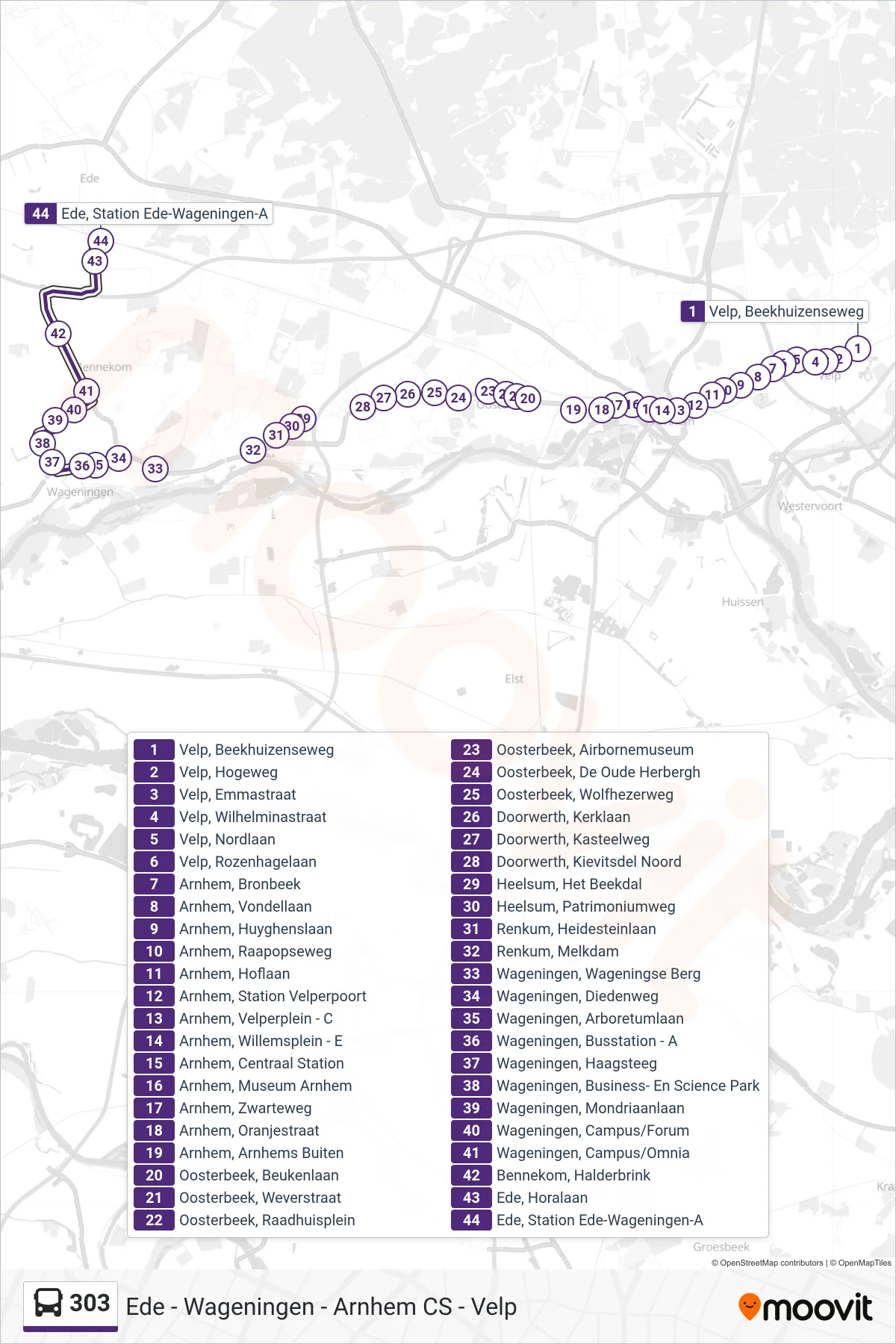 Lijn 303 (bus, Ede Station): route en haltes op de kaart