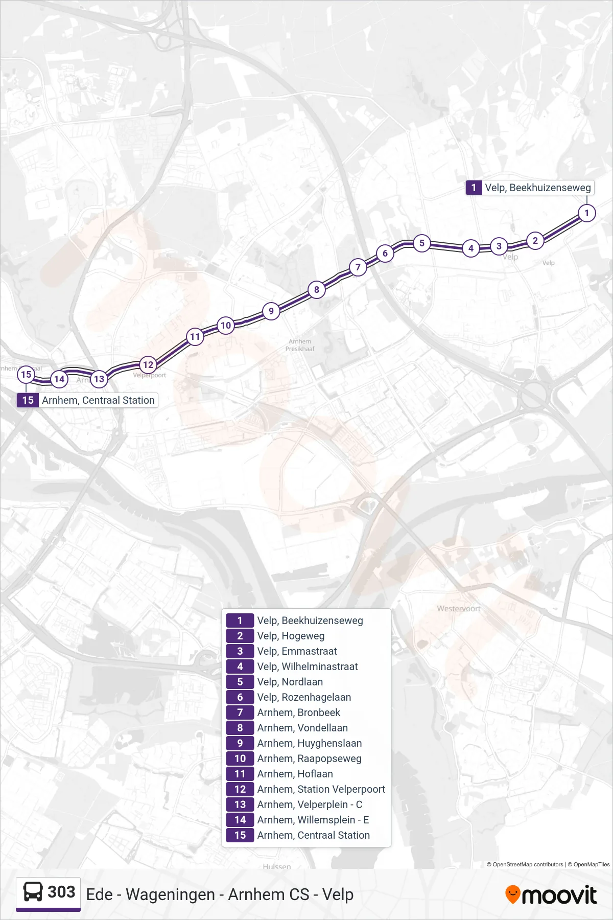 303 bus Line (Arnhem Cs) route and stops on a map