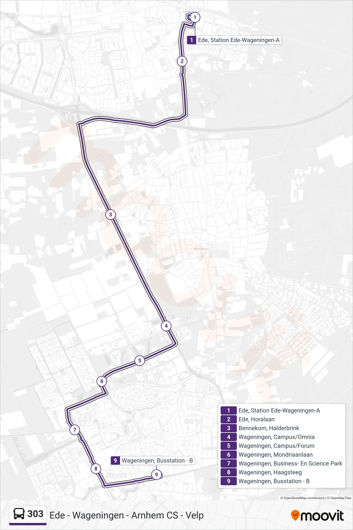 303 bus Line (Wageningen) route and stops on a map