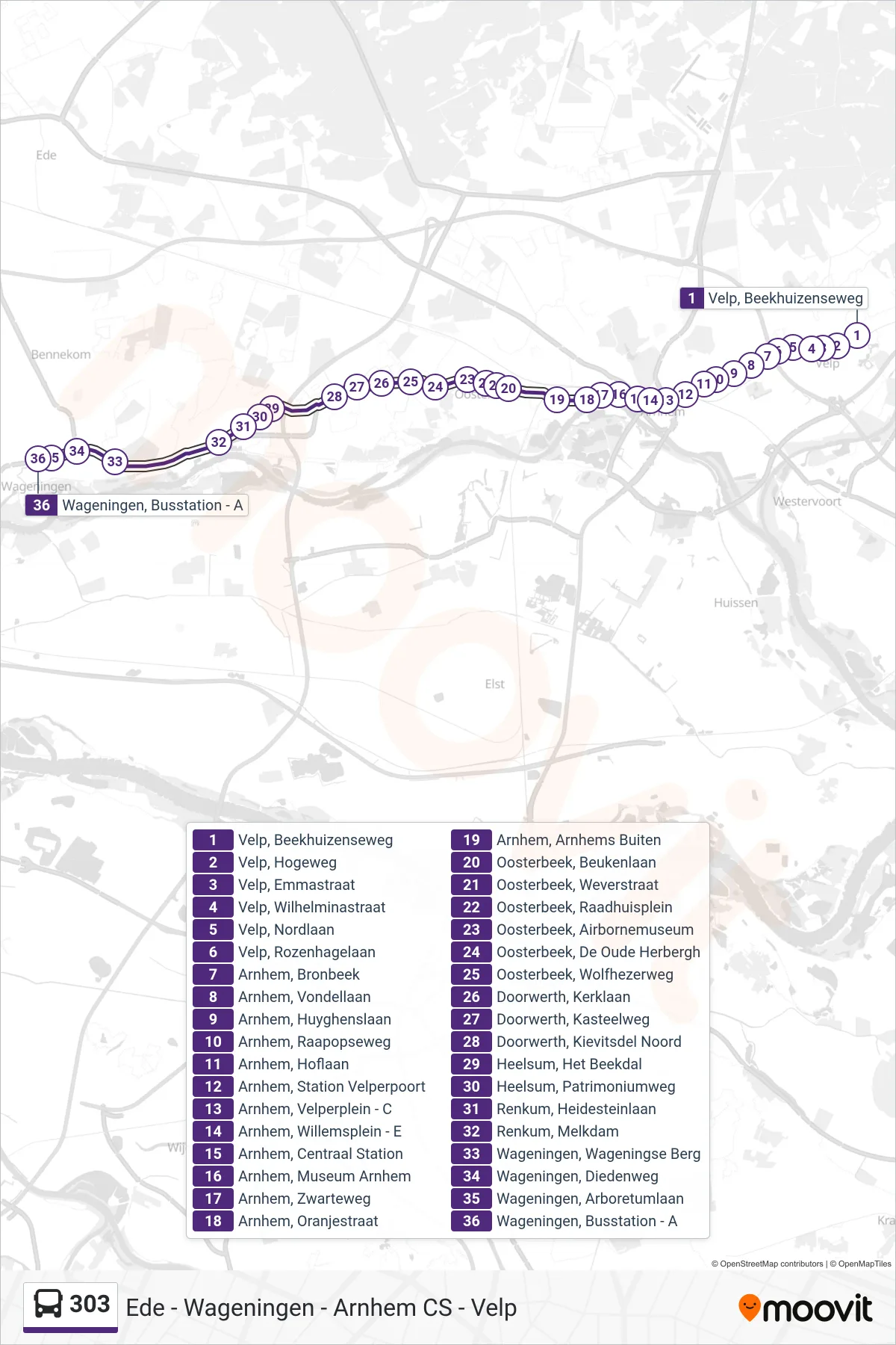 303 bus Line (Wageningen) route and stops on a map