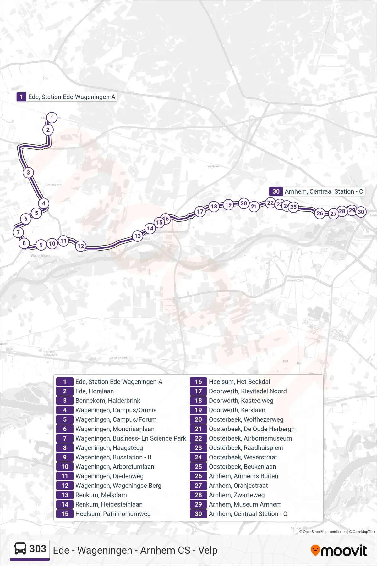 303 bus Line (Arnhem Cs) route and stops on a map